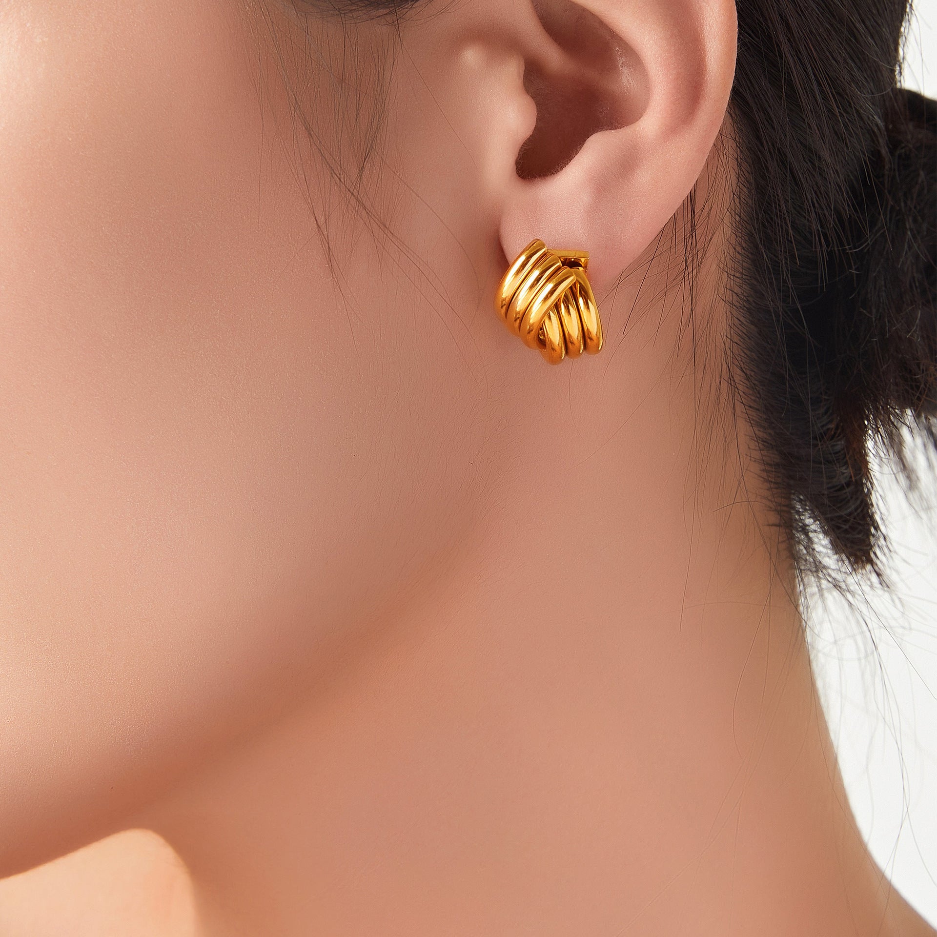 14K Gold Ribbed Triple Open Hoop Earrings for Women - Trendy Stud Earrings for Everyday Wear | Perfect for Work, Date Night & Special Occasions | F1545