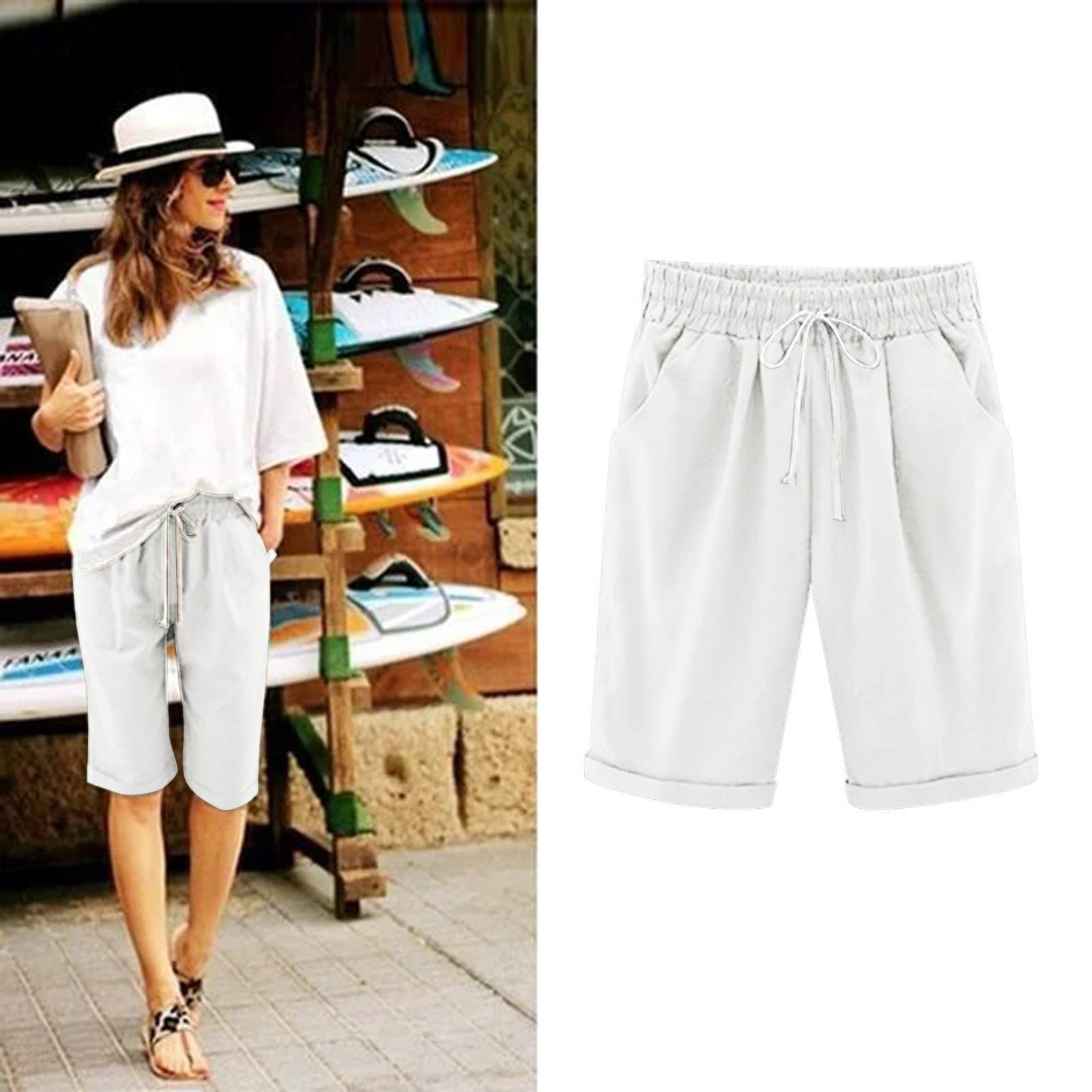 AMDBEL Women's High Waist Bermuda Shorts - White Linen Summer Shorts with Pockets for Gym & Workout