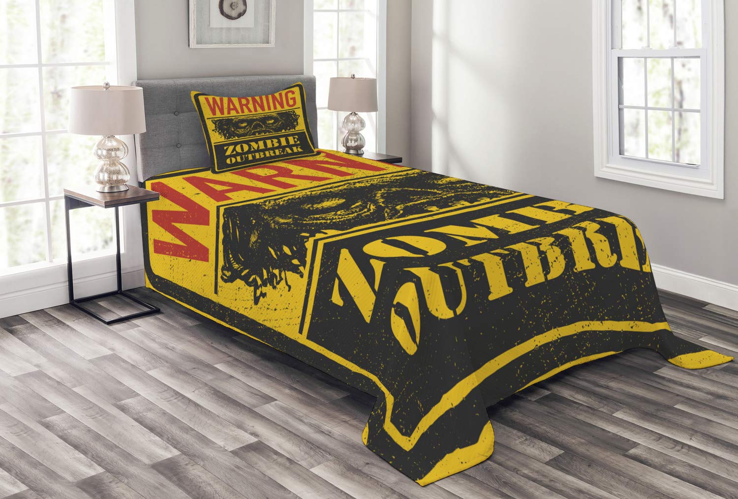 Ambesonne Zombie Bedding Set - 3 Piece Retro Horror Theme Bedspread with 2 Pillow Shams, Vintage Grunge Monster Illustration in Earth Yellow Grey Red, Twin Size - Perfect for Halloween Decor, Horror Movie Nights & Gothic Bedroom Themes