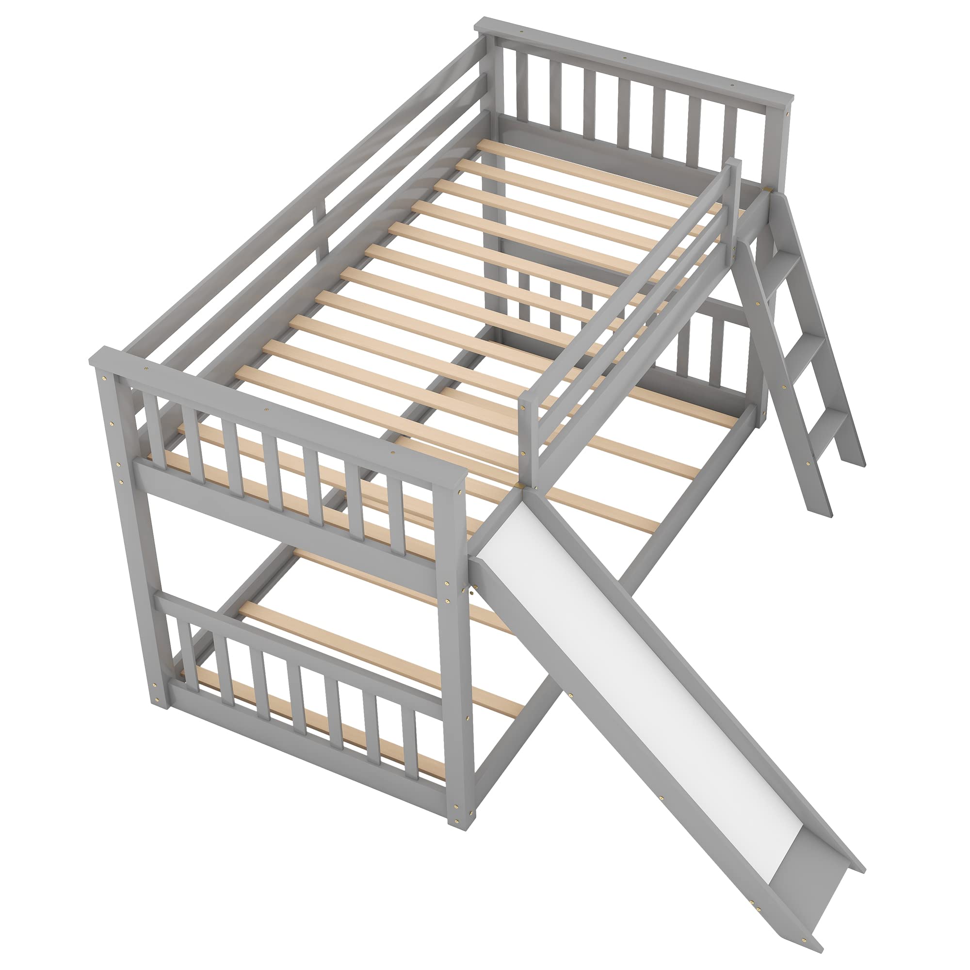 Harper & Bright Designs Twin Over Twin Bunk Bed with Slide & Angled Ladder - Sturdy Wooden Kids Bunk Beds for Boys and Girls, Space-Saving Floor Bunk Bed in Grey - Perfect for Small Bedrooms, Shared Kids Rooms & Sleepovers