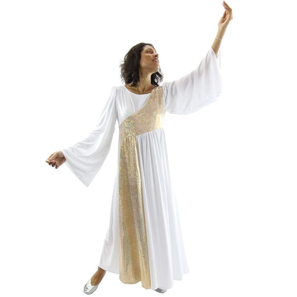 Danzcue Women's Shimmery Asymmetrical Bell Sleeve Dance Dress - Elegant Performance Costume for Latin, Ballroom & Stage Shows