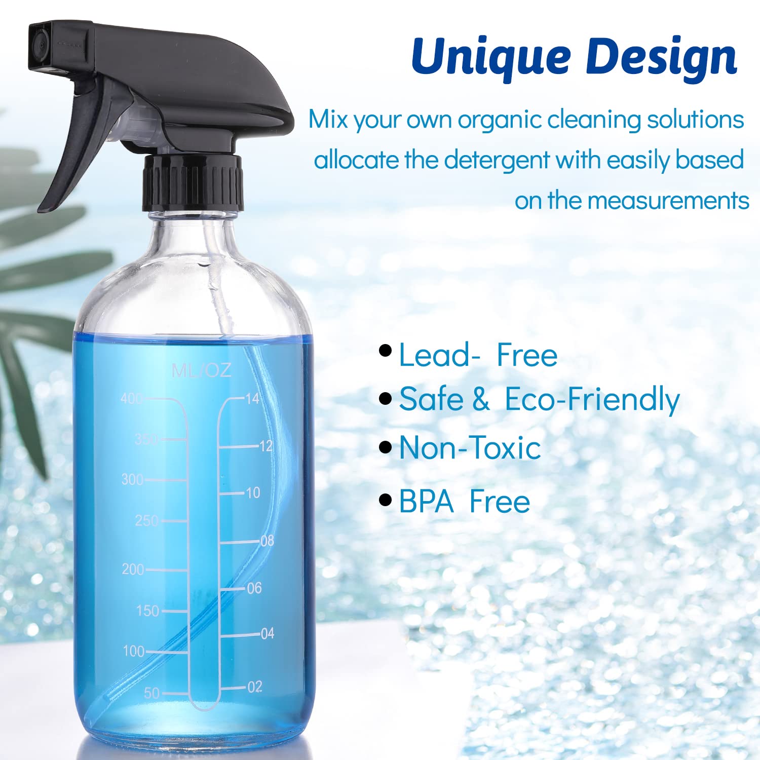 AOZITA 16oz Clear Glass Spray Bottles with Measurement Marks - Refillable Essential Oil Bottles for DIY Cleaning Solutions, Aromatherapy & Hair Care (2 Pack) - Perfect for Home, Salon & Garden Use