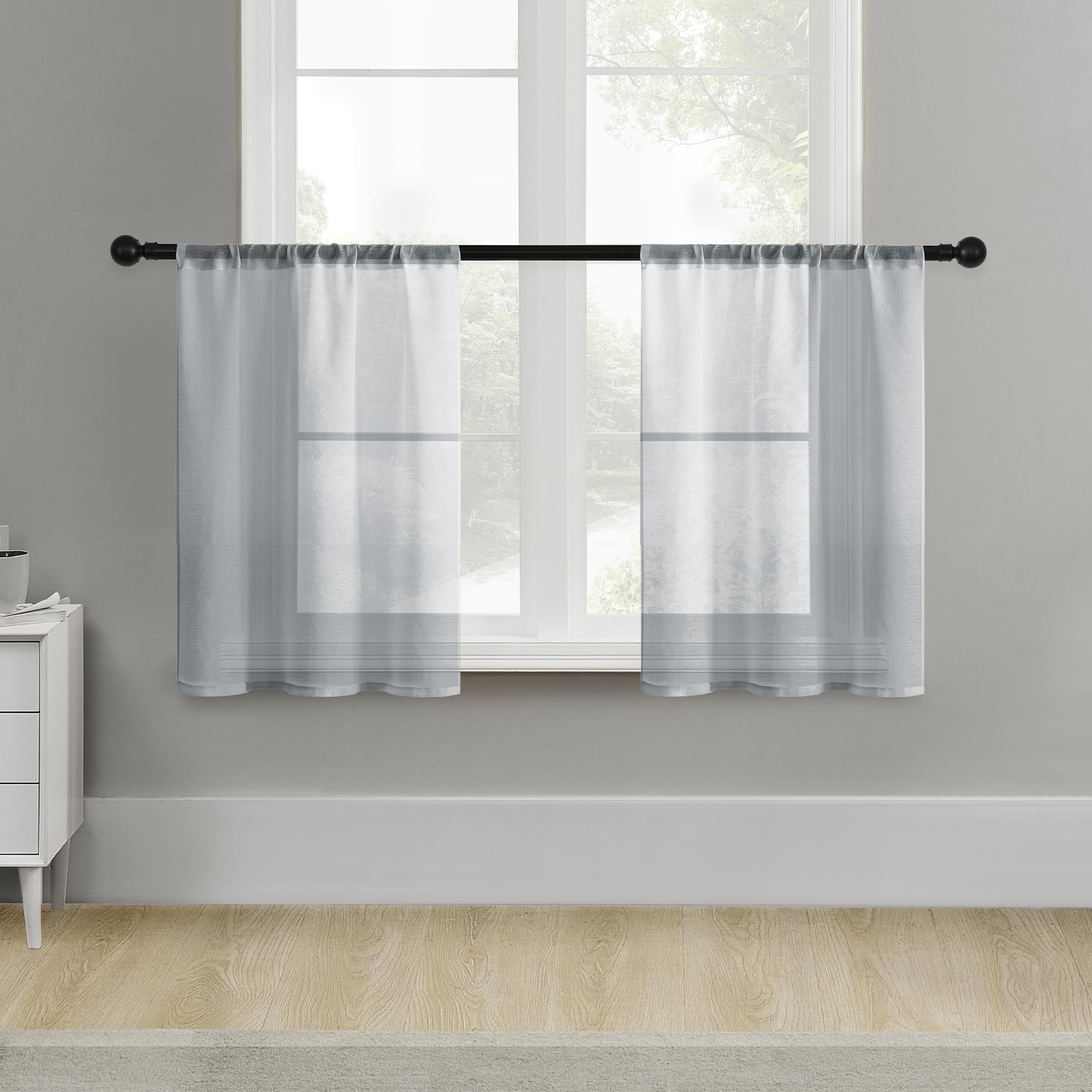 MRTREES Sheer Tier Curtains - Light Gray 30 Inch Length, Voile Sheer Kitchen & Bathroom Window Panels (Set of 2) - Light Filtering, Rod Pocket Cafe Curtains for Kitchen, Bathroom & Living Room Windows