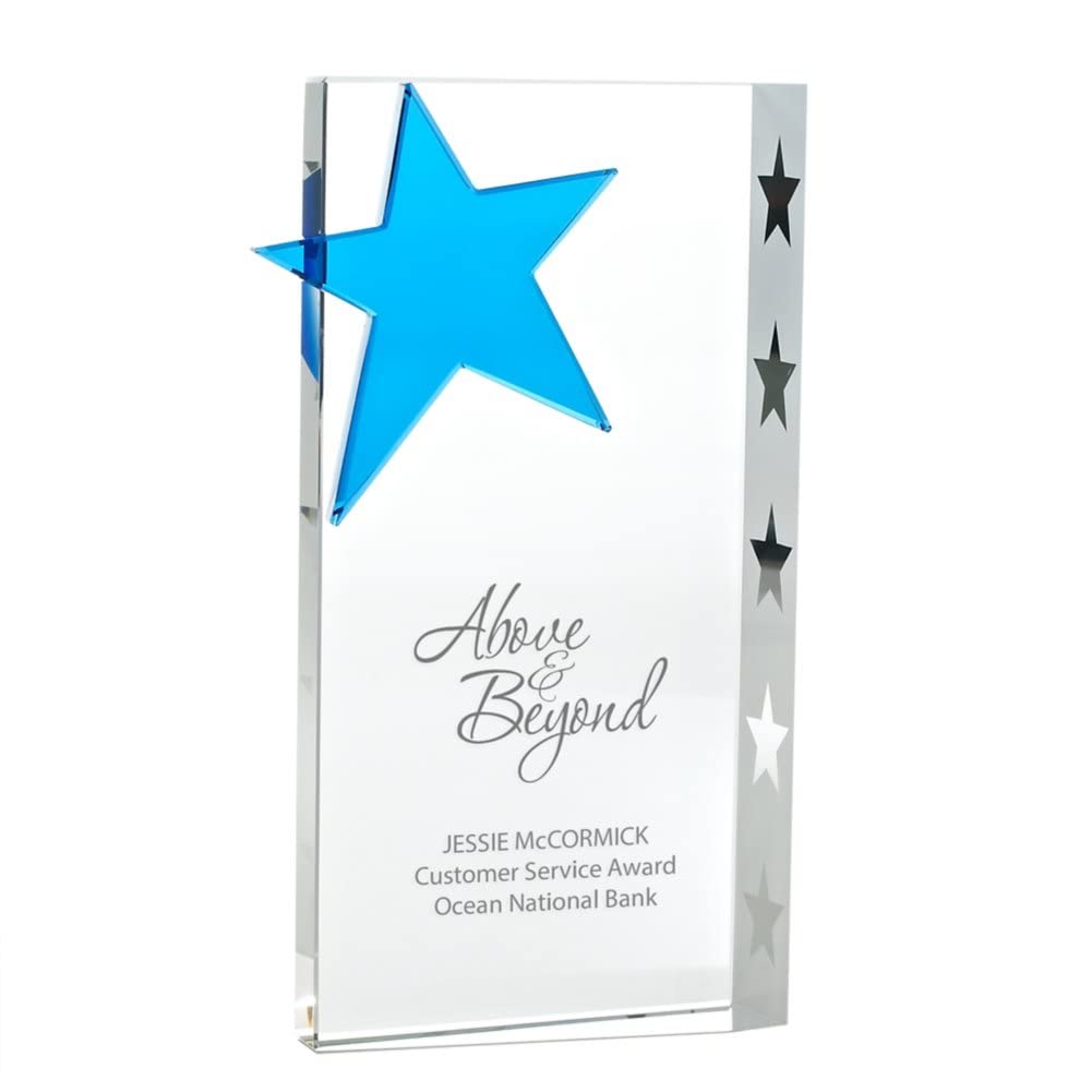 Baudville Engraved Crystal Trophy with Blue Star - Custom Employee Award with 3-Line Personalization - Elegant Round Design in Gift Box - Perfect for Recognition Ceremonies, Corporate Awards & Retirement Gifts