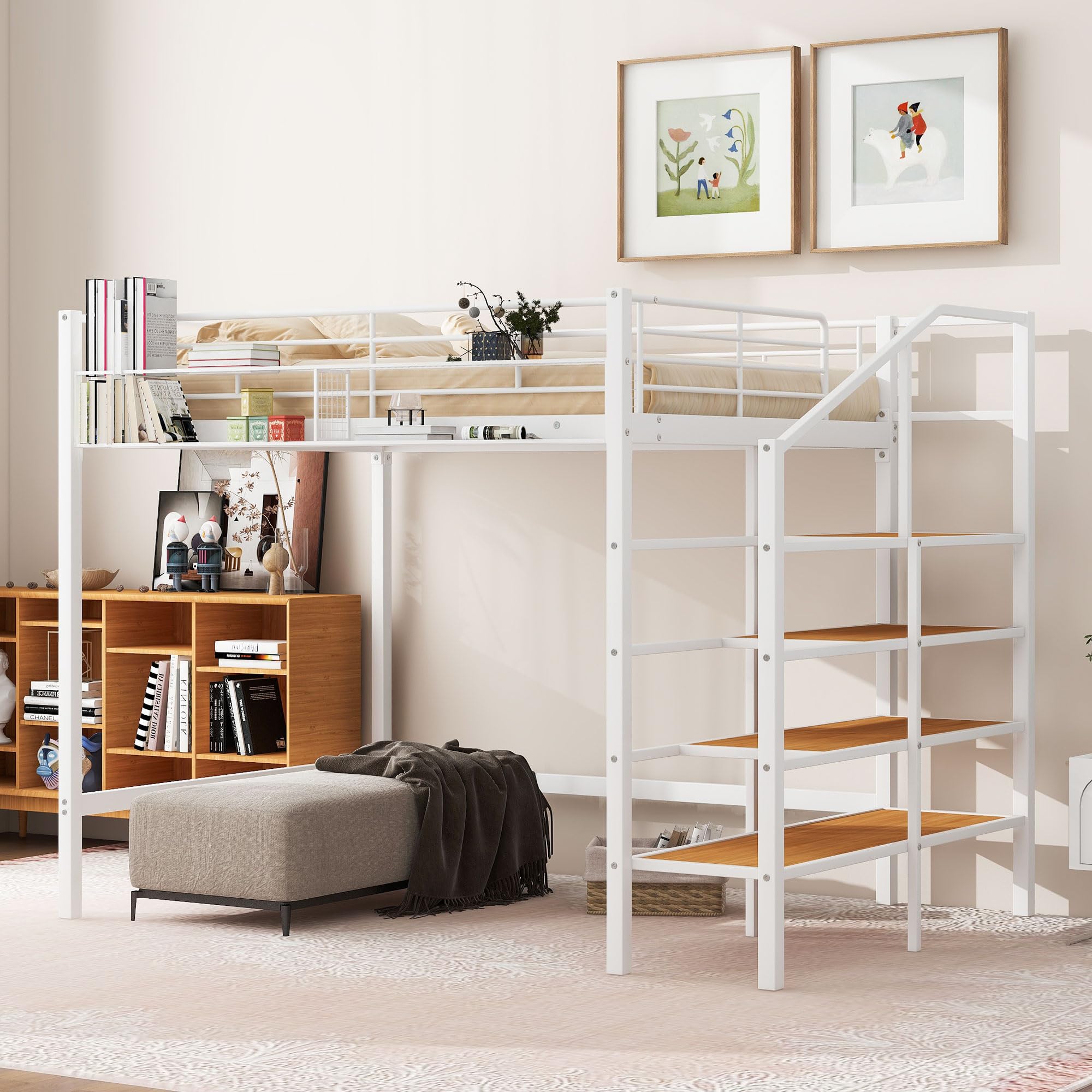 Full Size Loft Bed with Stairs - Heavy Duty Metal Loft Bed Frame with Storage Steps & Grid Shelf - Sturdy High Loft Bed for Kids, Teens & Adults - Perfect for Small Spaces, Dorms & Apartments (White)