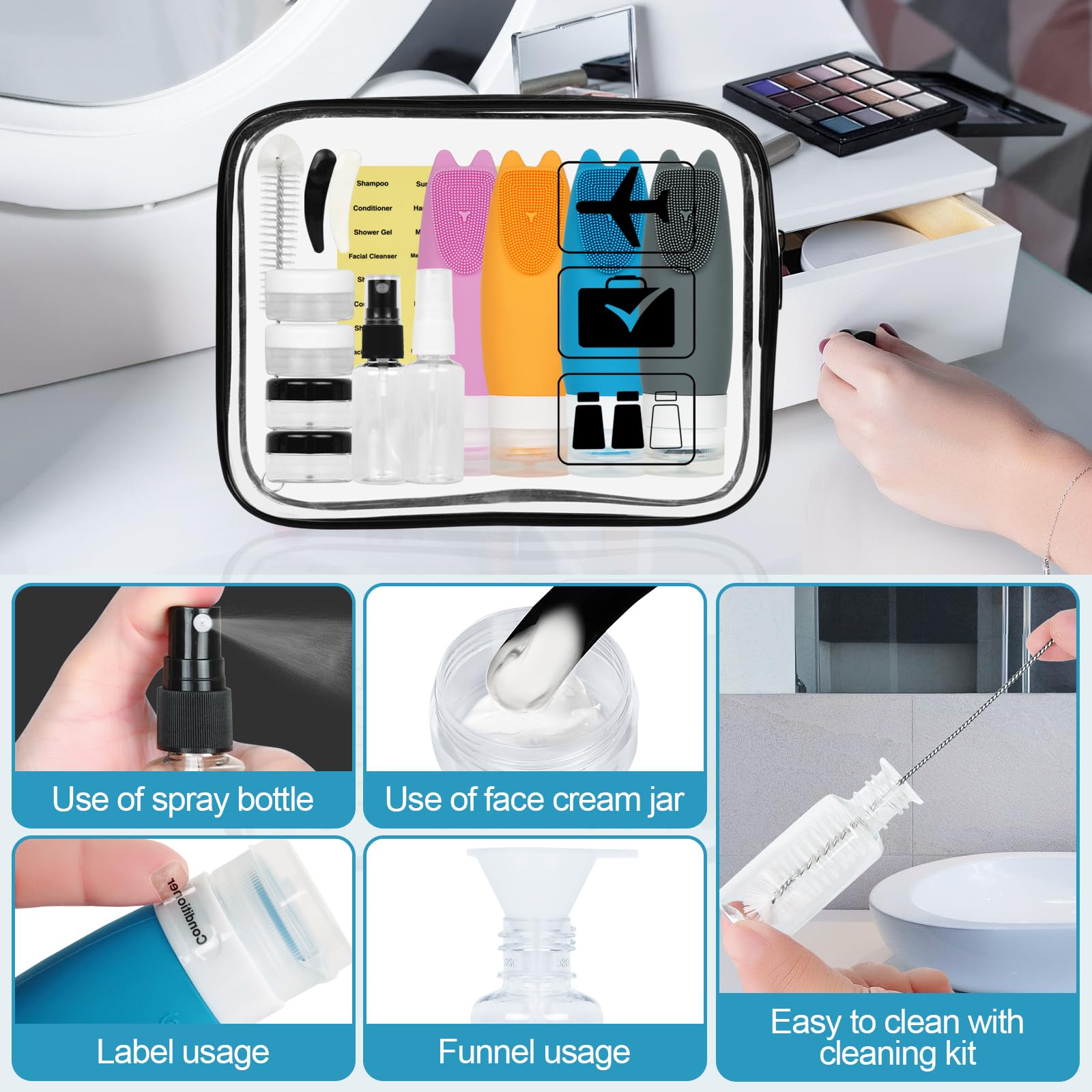 16-Piece TSA Approved Leak-Proof Silicone Travel Bottles Set (3oz) - Refillable Toiletry Containers for Shampoo, Conditioner & Cosmetics with Free Travel Pouch - Perfect for Air Travel, Gym & Vacation Essentials