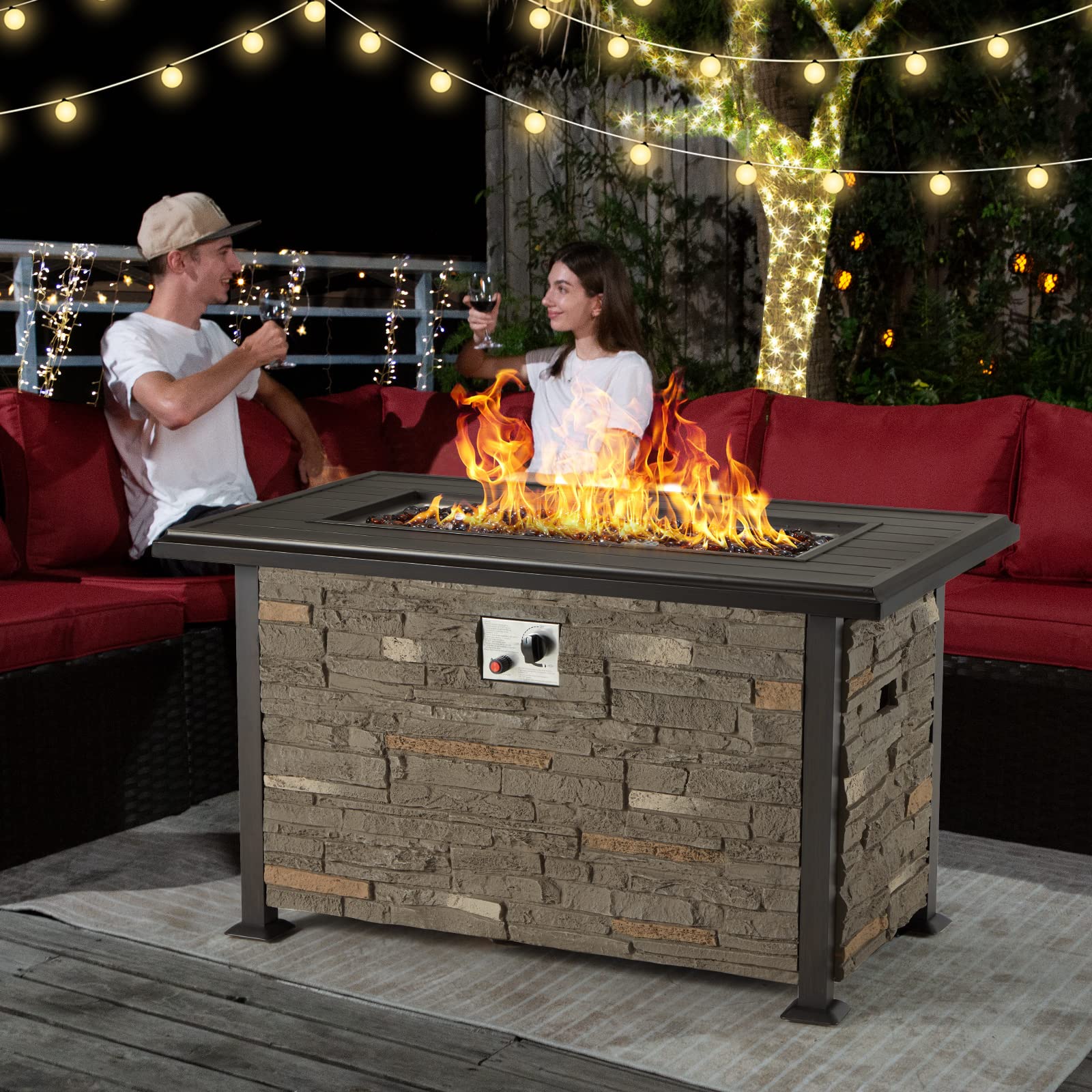 Vicluke 44 Inch CSA Certified Propane Fire Pit Table - 50,000 BTU Outdoor Heater with Faux Ledgestone & Hand-Painted Table Top, Includes Waterproof Cover & Glass Rocks - Perfect for Patio, Backyard, Christmas Decor (Grey)