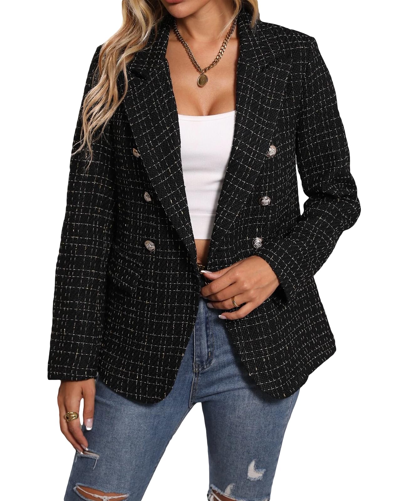 2025 Women's Spring Tweed Blazer Jacket - Plaid Pattern, Fully Lined Business Casual Coat with Lapel & Pockets | Elegant Office Wear, Professional Outfits for Work & Formal Events