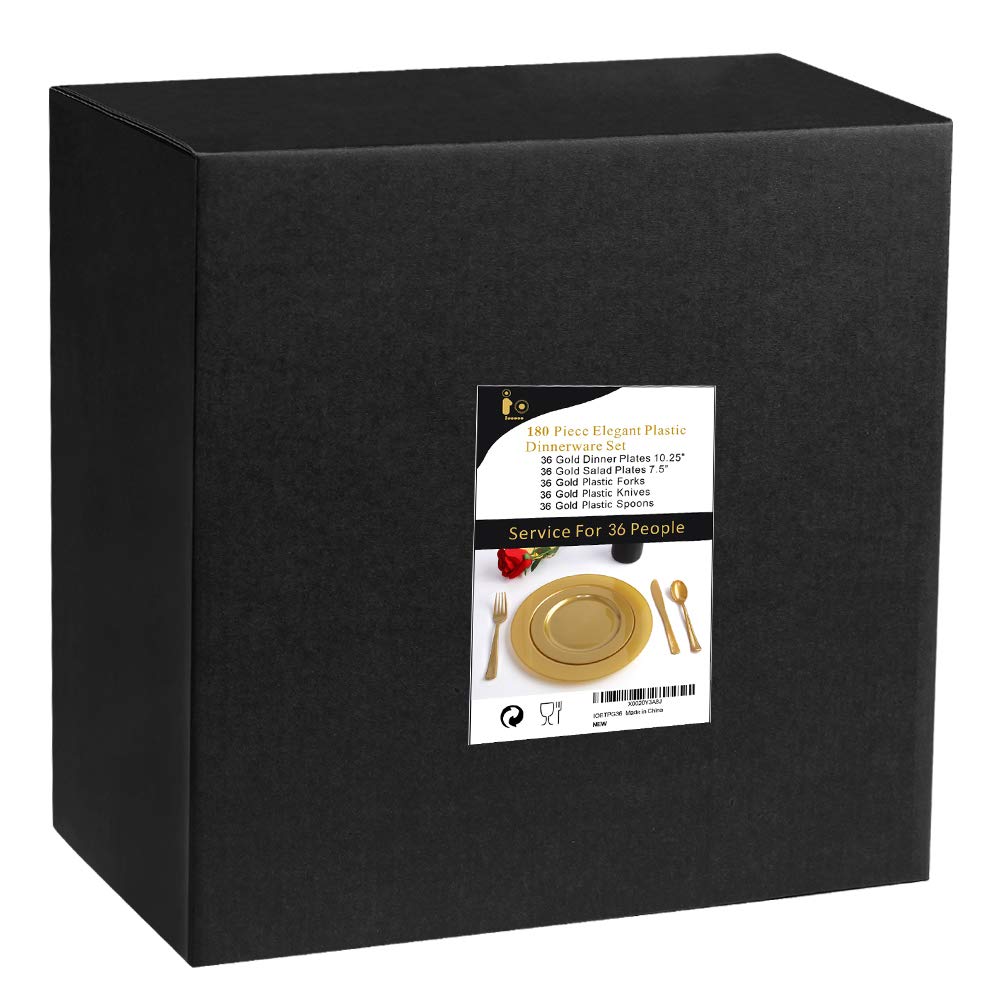 180-Piece Gold Plastic Plate Set - Premium Heavyweight Disposable Gold Dinnerware Includes 10.25