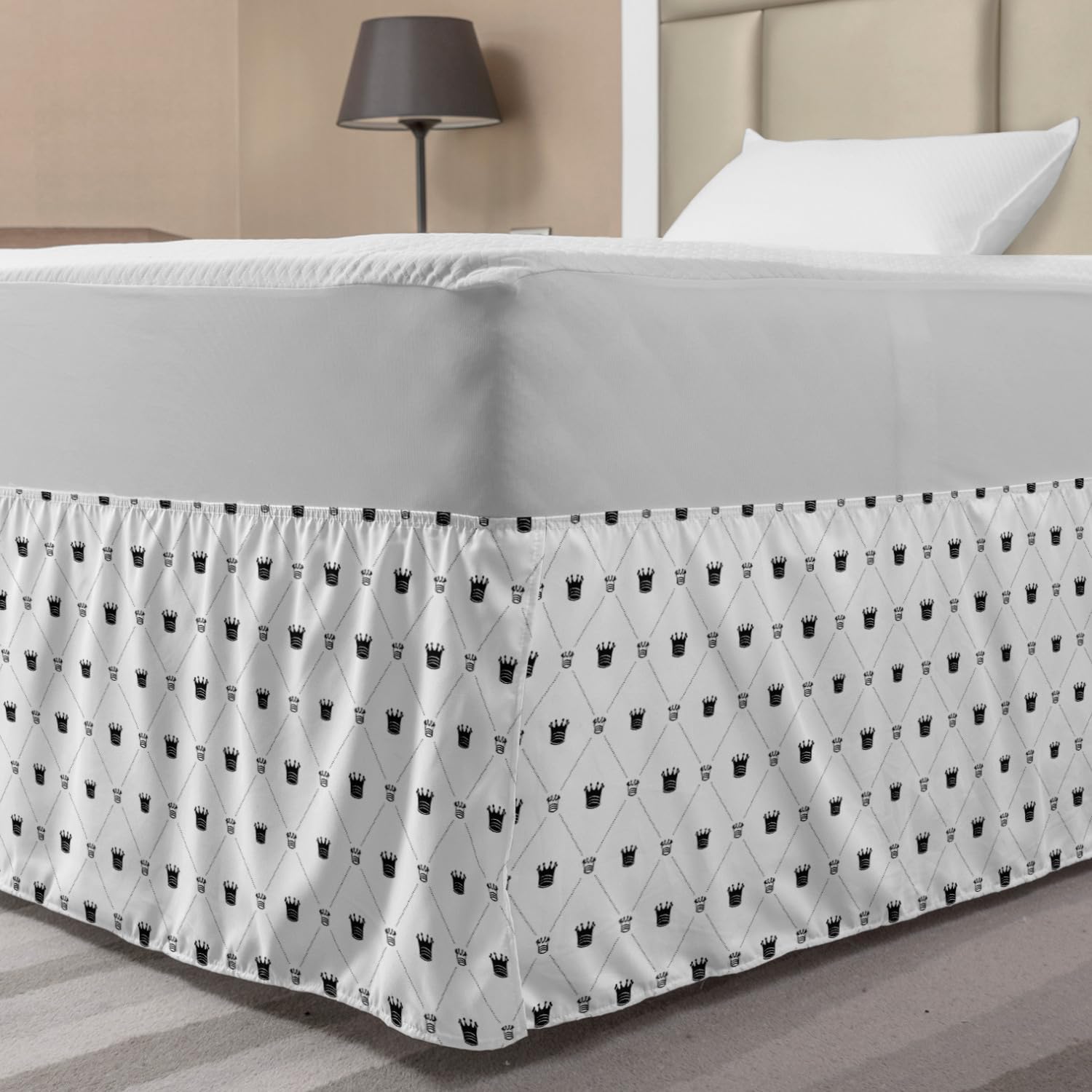 Ambesonne Abstract Bed Skirt - Diamond Check Pattern with Crowns Symbolizing Power & Victory - Monochrome Black & White Wrap Around Elastic Gathered Design - Full Size for Bedroom Decor - Perfect for Guest Rooms, Master Bedrooms & Home Staging