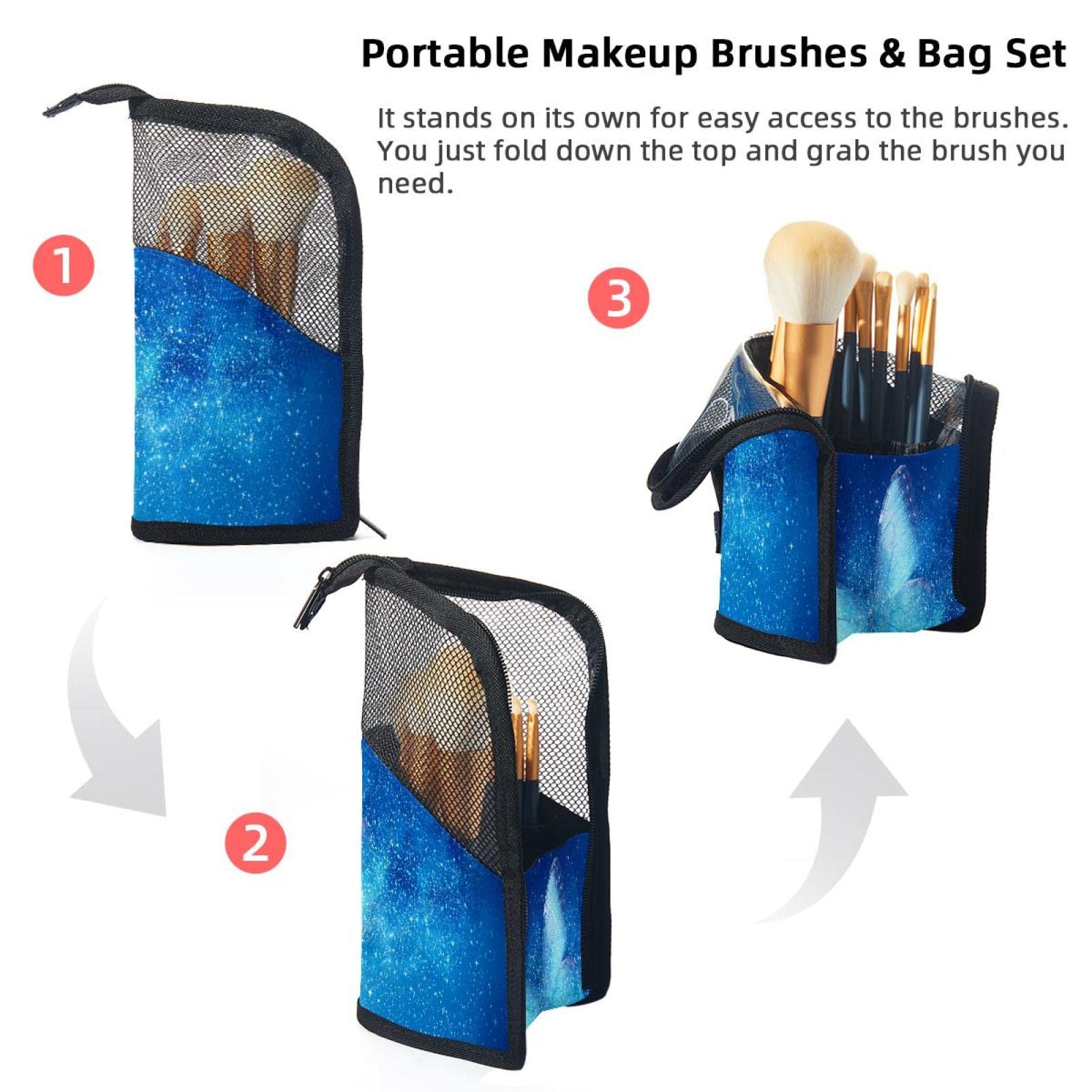 12-Piece Makeup Brush Organizer Bag with West Star Galaxy Space Butterfly Design - Portable Cosmetic Brush Holder Case for Travel & Home Storage