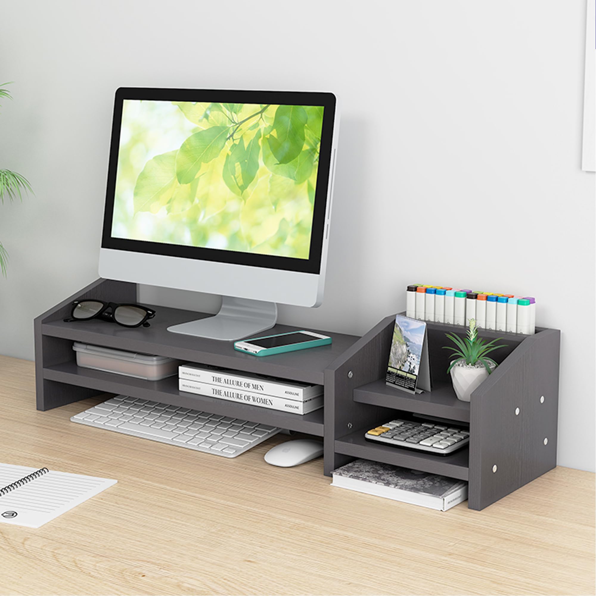 Catekro 2-Tier Wood Monitor Stand Riser with Storage Organizer - Desktop Organizer for Computer, Laptop, Printer (Black) - Perfect for Home Office, Gaming Setup & Workspace Organization