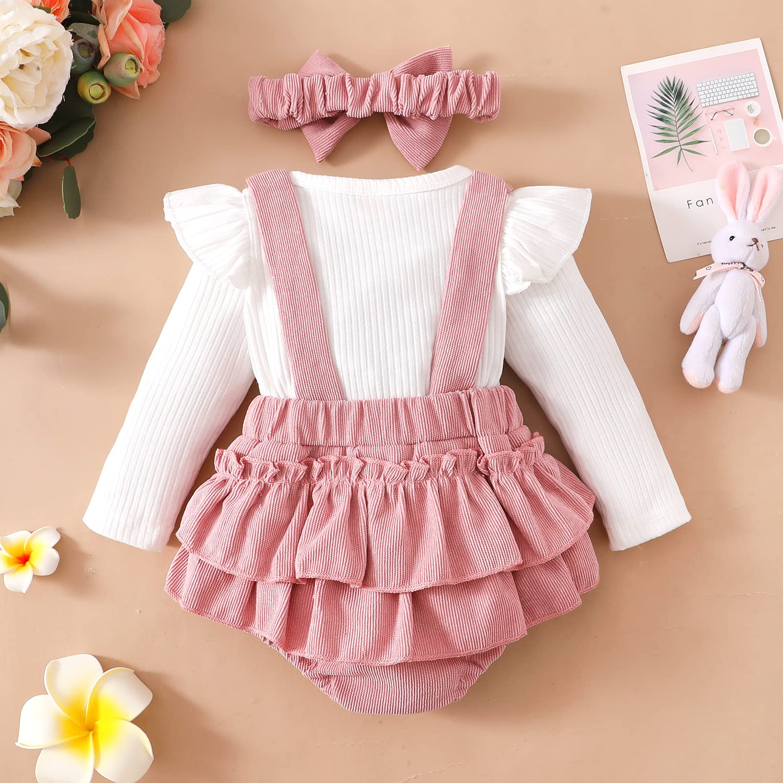 FYBITBO Newborn Baby Girl Corduroy Romper - Long Sleeve Ruffle Jumpsuit with Headband | Cute Winter Outfit for Fall & Holiday Photos | Soft & Warm Infant Clothes for Christmas, Family Gatherings & Newborn Photoshoots