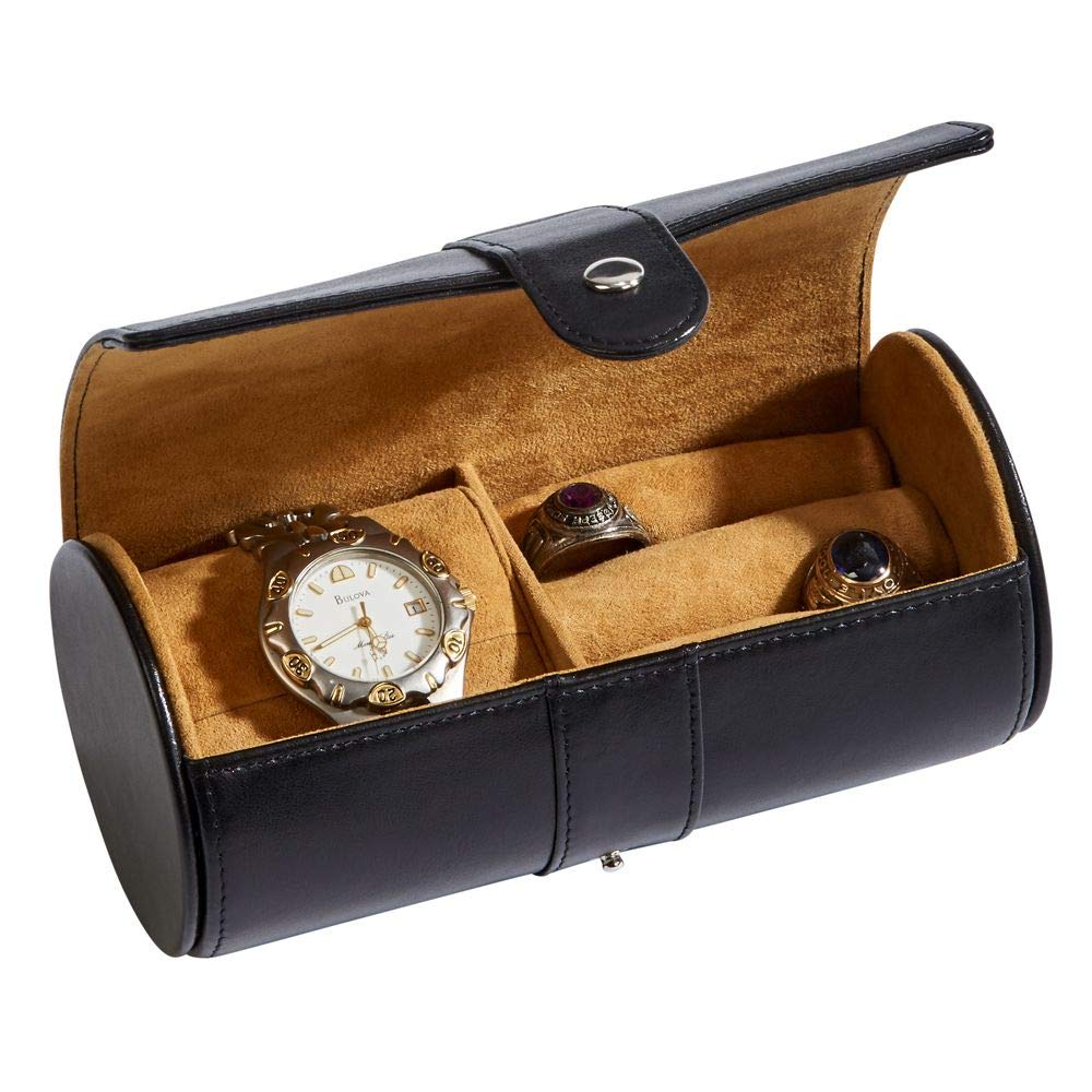 Black Leather Round Jewelry Box with Velvet Interior - Elegant Gift for Men, Women, Valentine's Day, Anniversary & Birthday - Perfect for Rings, Necklaces & Watches Storage