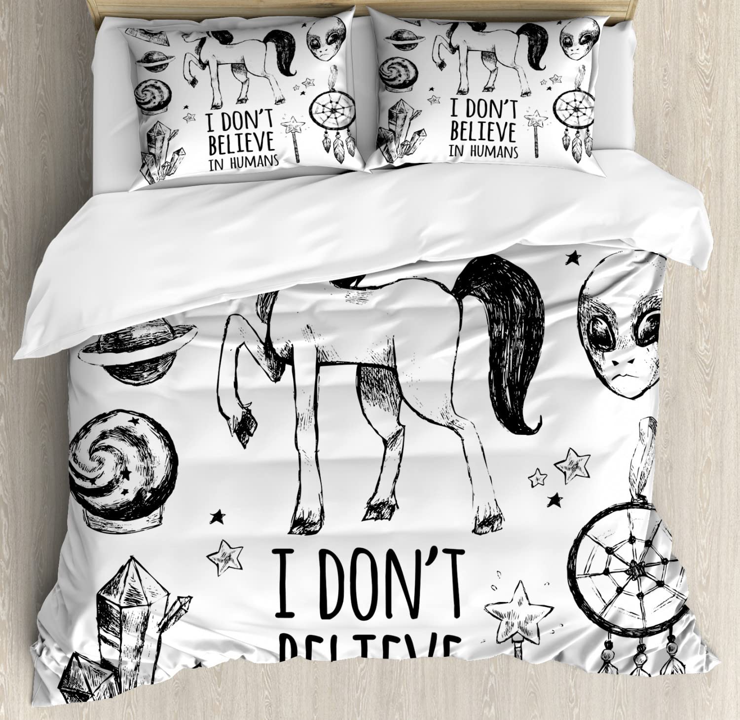Ambesonne Unicorn Duvet Cover Set - 2 Pack Cal King Size Black, I Don't Believe in Humans Art with Pyramids Aliens Dreamcatcher Planets Grunge Print, Includes 2 Duvet Covers & 2 Pillowcases - Perfect for Kids' Bedroom, Fantasy Themed Decor, and Unique Gift Idea