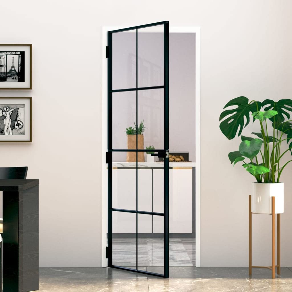 vidaXL Black Aluminum Framed Interior Door with Tempered Glass - Slim Adjustable Design Fits Various Door Frames - Perfect for Modern Homes, Offices & Commercial Spaces