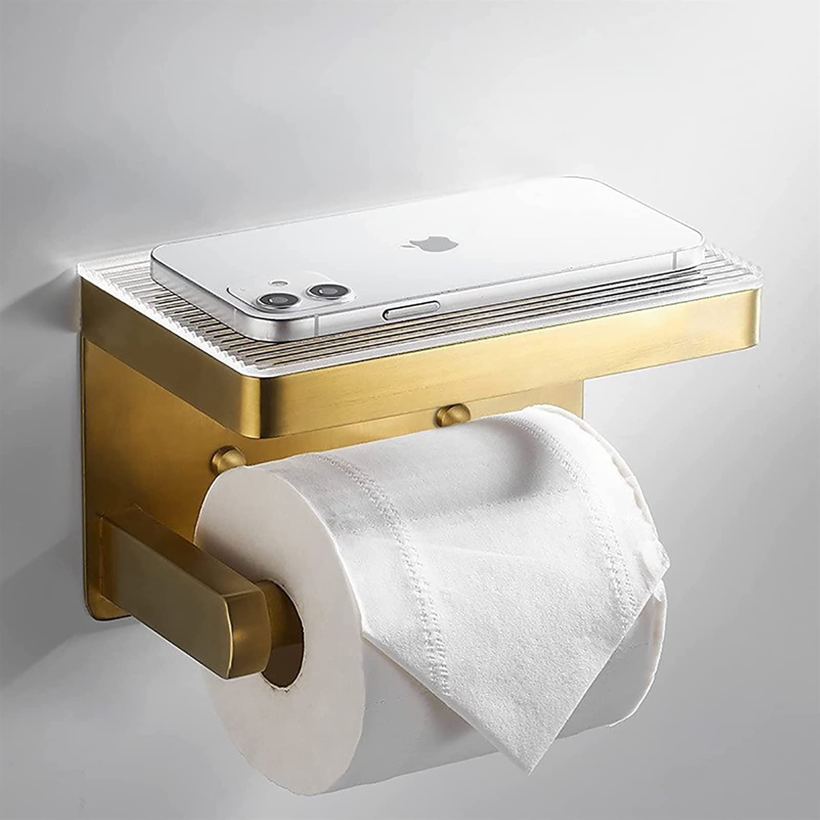 Stainless Steel & Acrylic Wall Mount Toilet Paper Holder with Shelf - Brushed Gold Bathroom Tissue Roll Holder & Towel Rack for Hotel, Kitchen & Home Use - Perfect for Bathroom Organization & Space Saving Storage