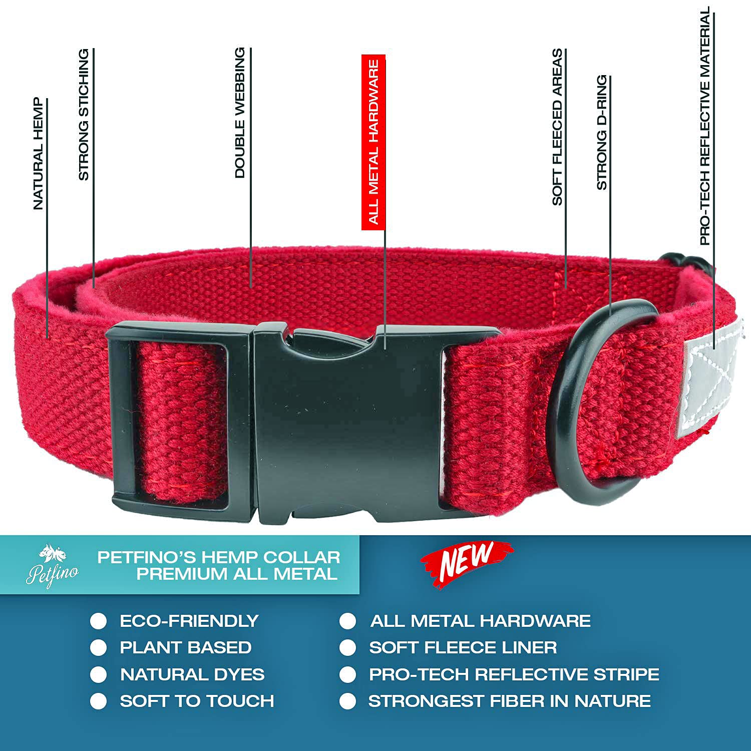 Premium Natural Hemp Dog Collar with Metal Buckle - Soft Fleece Lined Comfort for Small, Medium & Large Dogs - Durable & Stylish Pet Accessory (Red) - Perfect for Daily Walks, Training & Outdoor Adventures