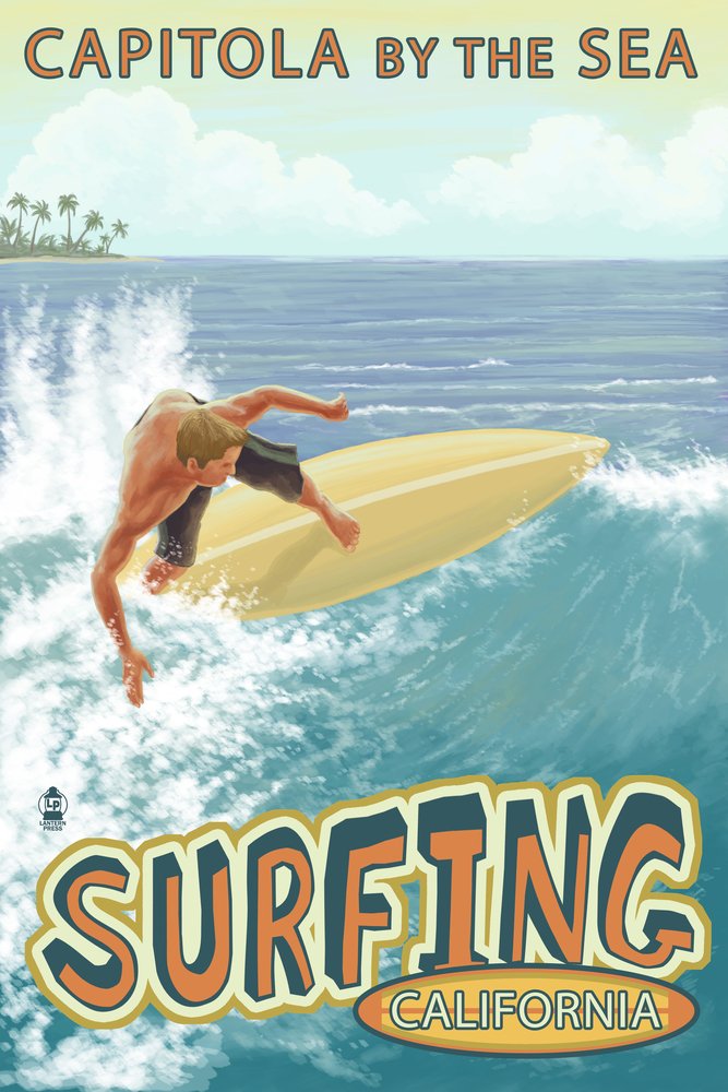 Capitola California Coastal Wall Art - 12x18 Surfer Scene Poster for Beach House Decor, Living Room & Office