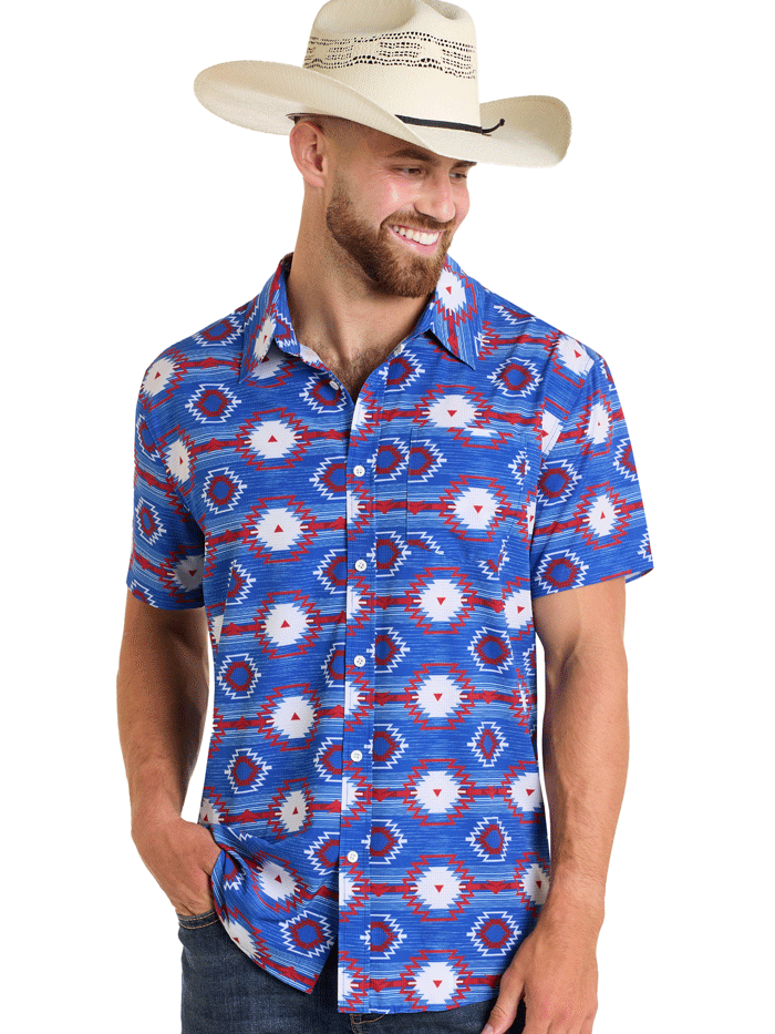 Rock & Roll Denim Men's Western Short Sleeve Shirt - Aztec Print Blue Cotton Casual Button Up Shirt for Music Festivals & Summer Outfits