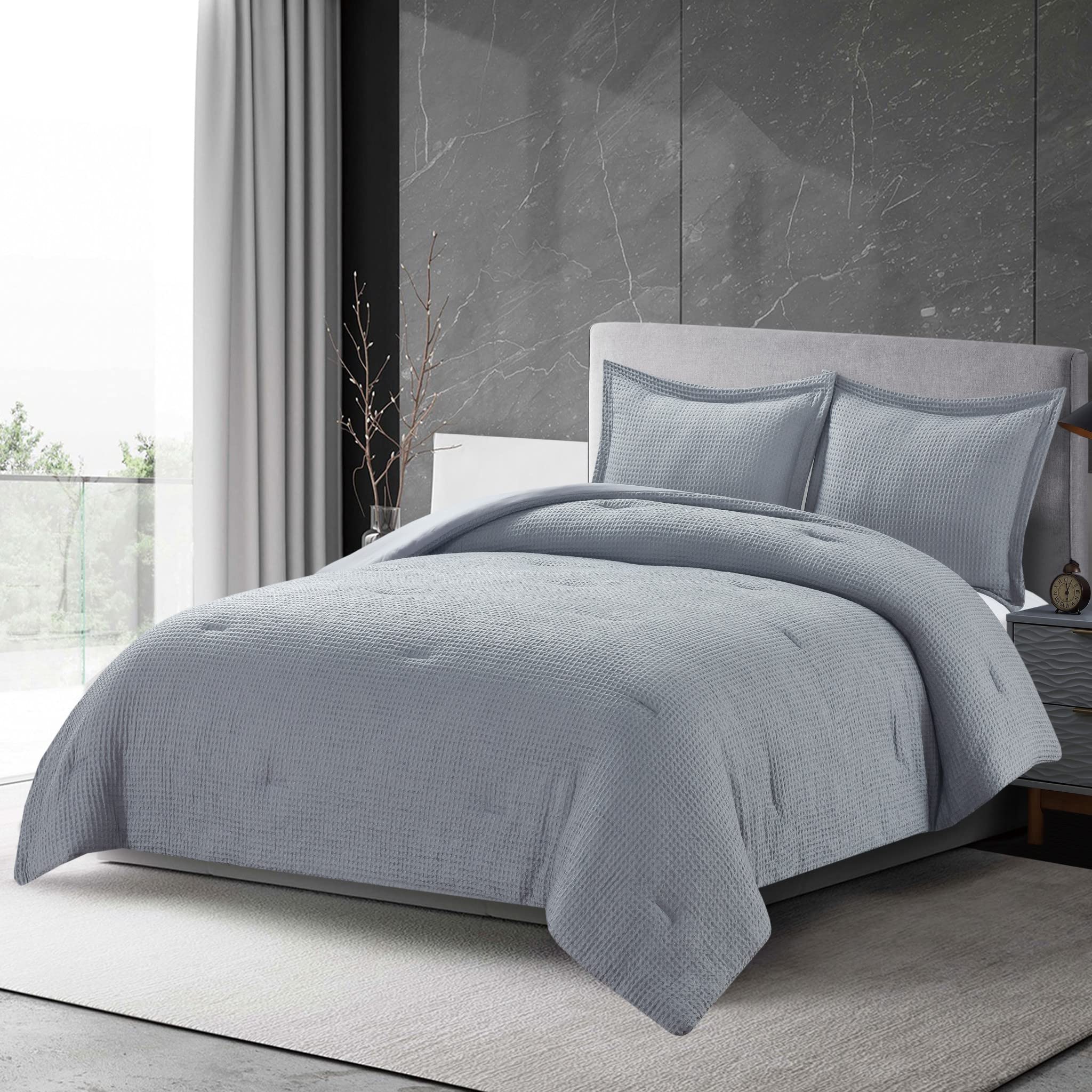Chezmoi Collection Wilmer 3-Piece Waffle Weave Comforter Set - Ultra Soft & Breathable All-Season Bedding for King Size Beds in Gray - Perfect for Master Bedrooms, Guest Rooms & Cozy Winter Nights