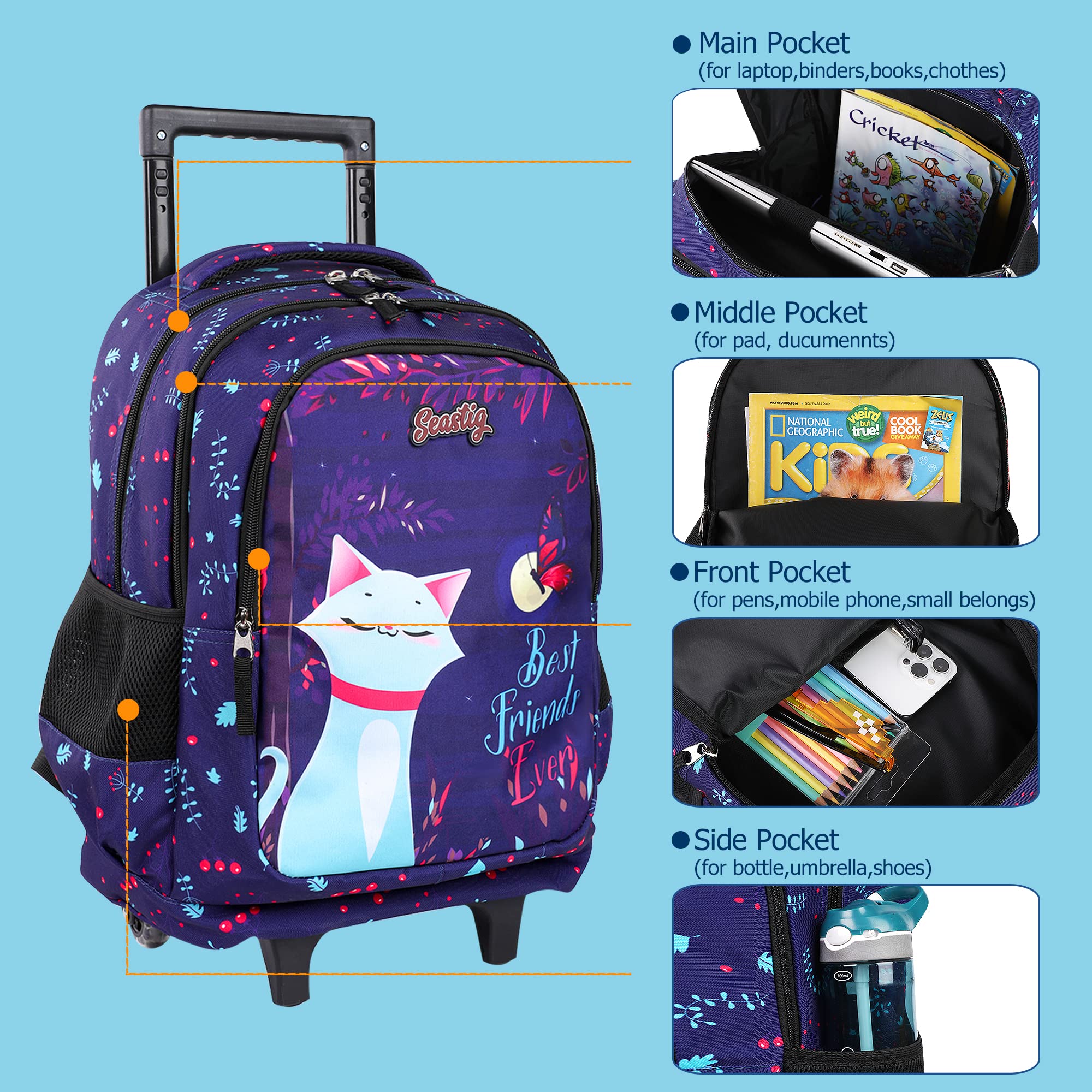 Seastig 18in Rolling Backpack for Kids - Double Handle Wheeled Backpack with Lunch Bag Set | School, Travel & Daily Use for Boys & Girls