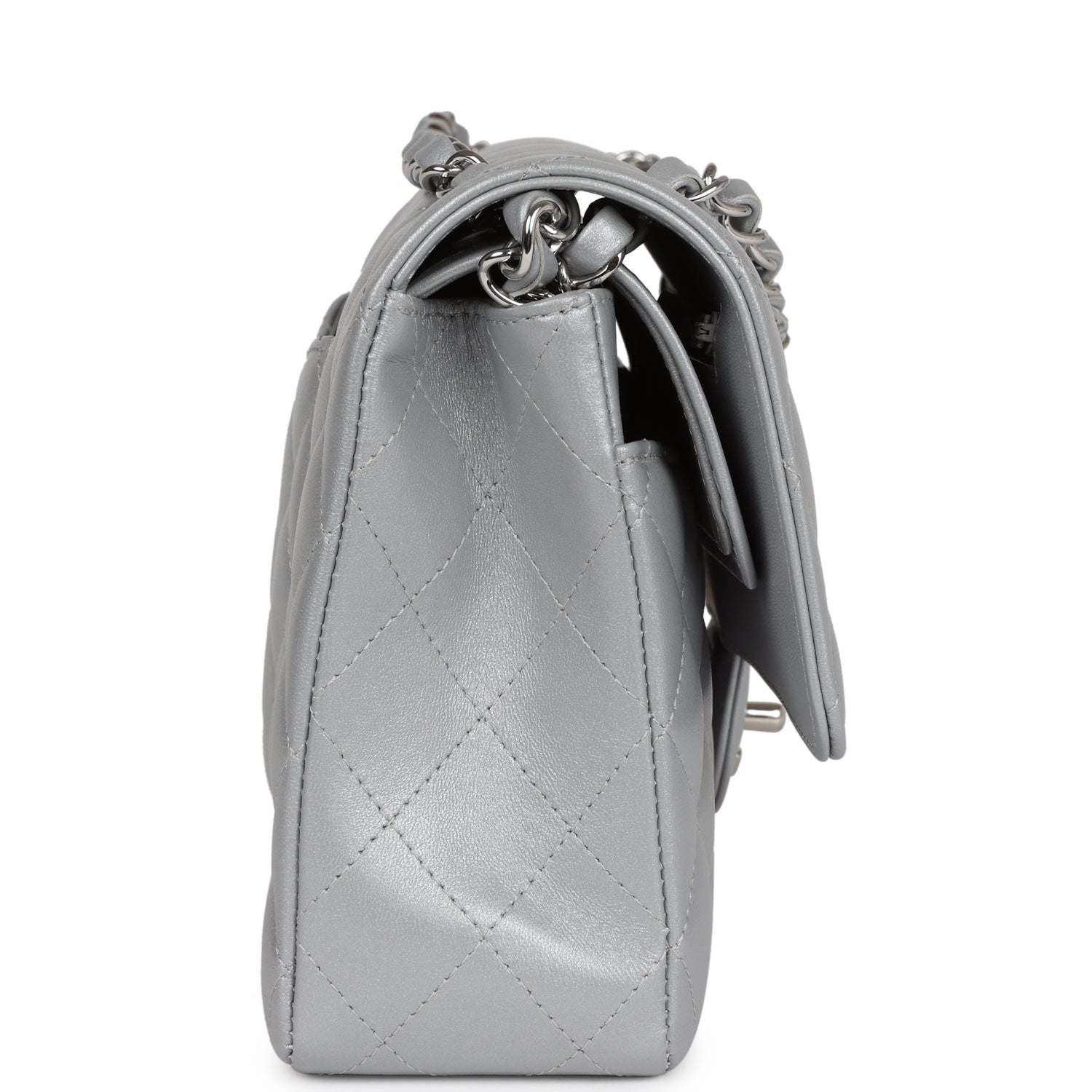 Chanel Medium Classic Double Flap Bag in Silver Metallic Lambskin with Silver Hardware - Perfect for Evening Events & Luxury Fashion Accessories