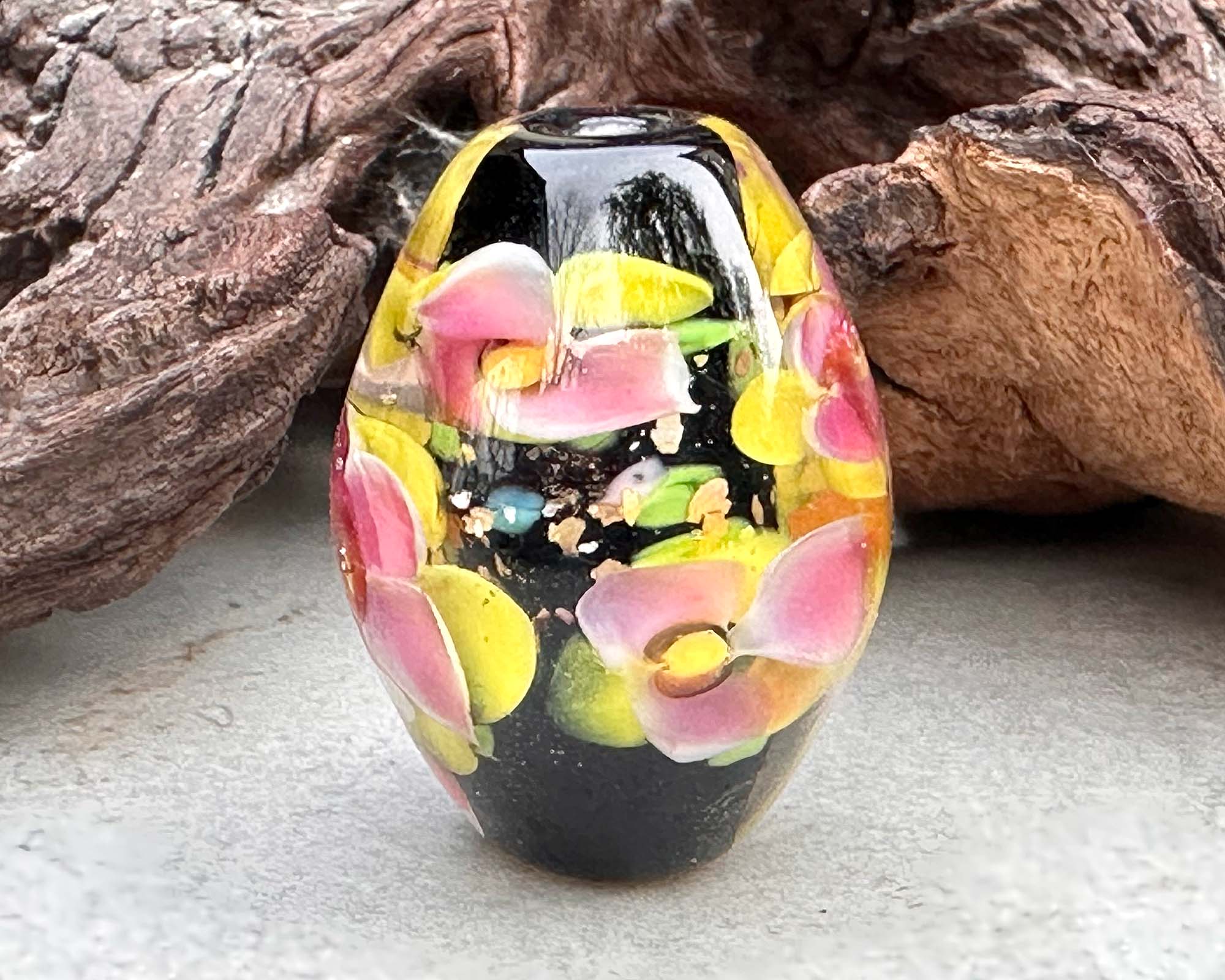 Handmade Yellow Pink Floral Lampwork Glass Focal Bead - SRA Certified Artisan Jewelry Component for Necklaces, Bracelets & DIY Crafting Projects