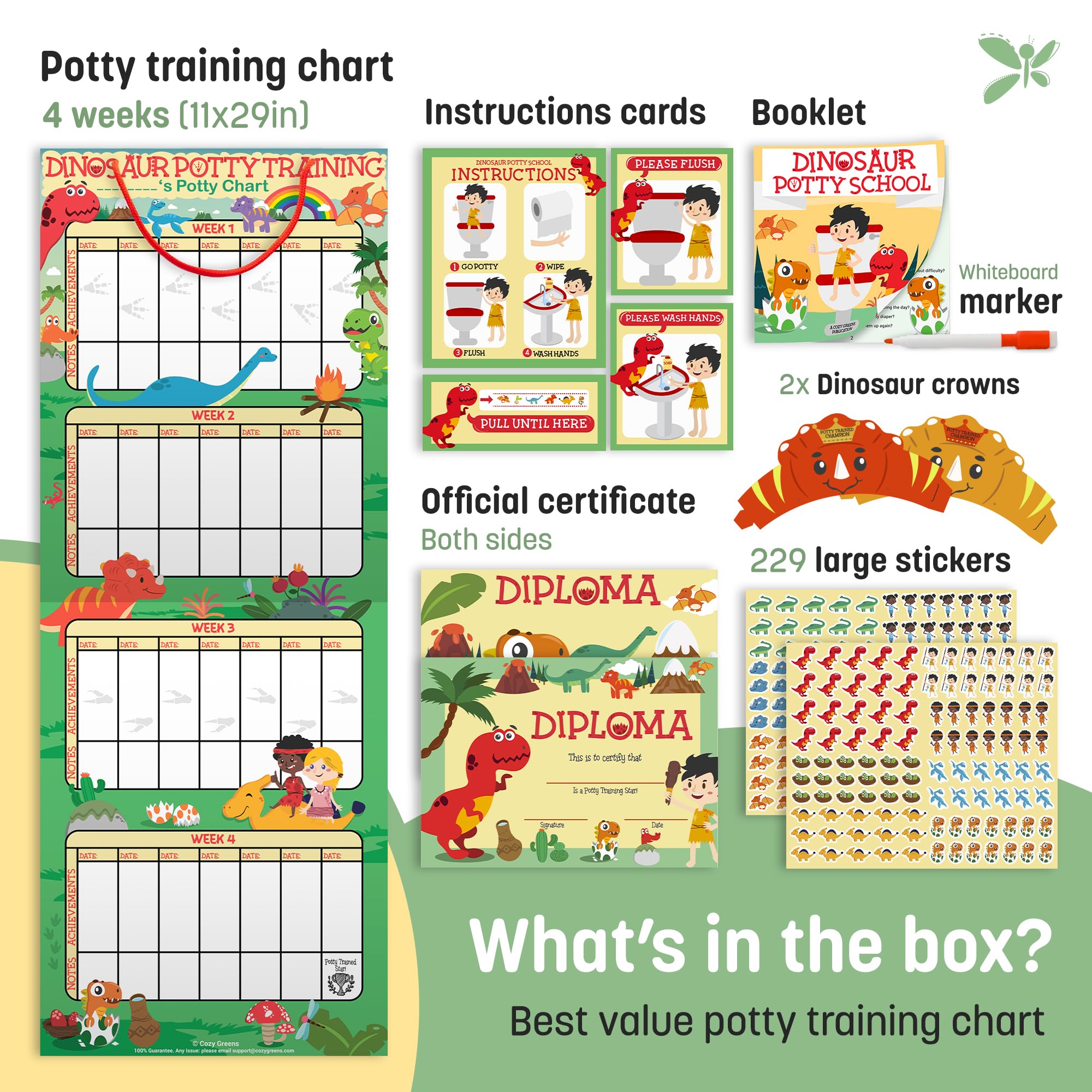 Dinosaur Potty Training Chart for Toddlers - 194 Stickers, 2 Crowns, Motivational Certificate & Erasable Pen | Reward System for Boys & Girls | Perfect for Daycare, Preschool & Home Use