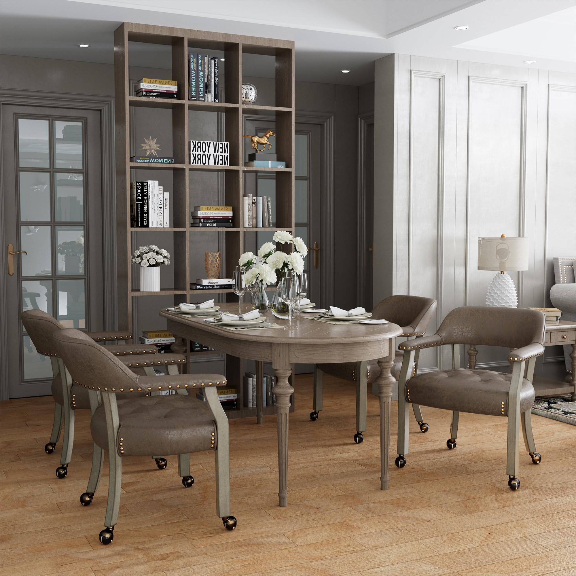 LEEMTORIG Large Rolling Dining Chairs with Casters - Solid Wood Office Chairs with Arms, 26