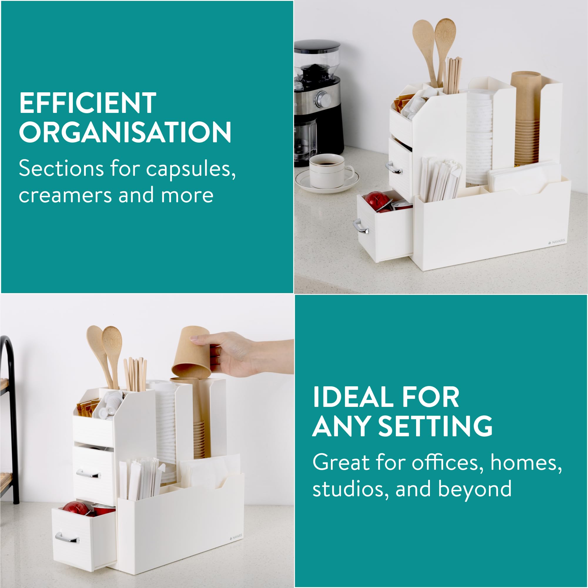 Navaris Cream Coffee Station Organizer - Tea & Coffee Storage Organizer with Multiple Compartments - Perfect for Kitchen Countertop, Office Desk, Bar Cart & Home Decor - Ideal for Coffee Lovers & Entertaining Guests