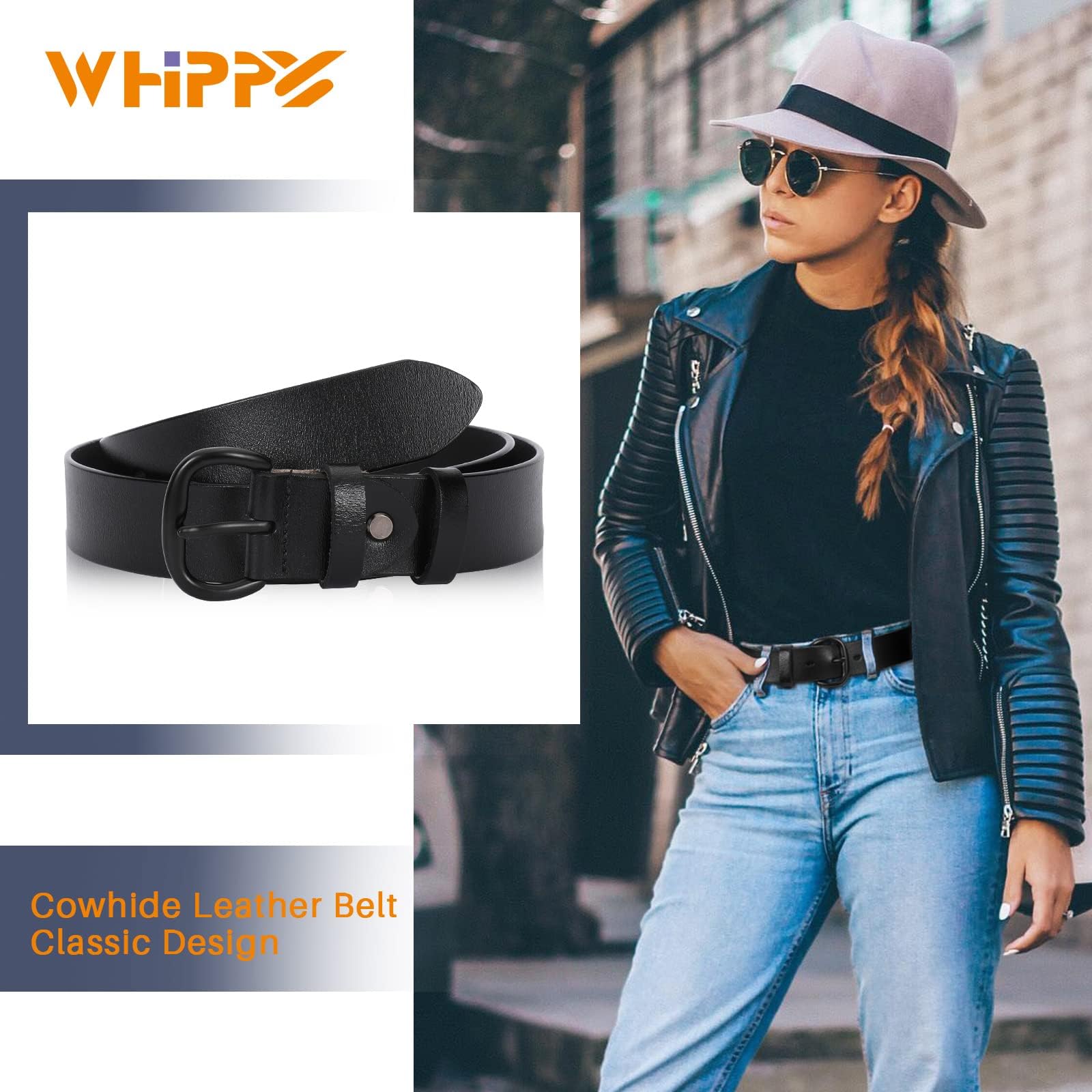 WHIPPY Women's Genuine Leather Belt for Jeans, Pants & Dresses - Adjustable Waist Belt with Pin Buckle for Ladies (Black) | Perfect for Casual Outfits, Office Wear & Special Occasions