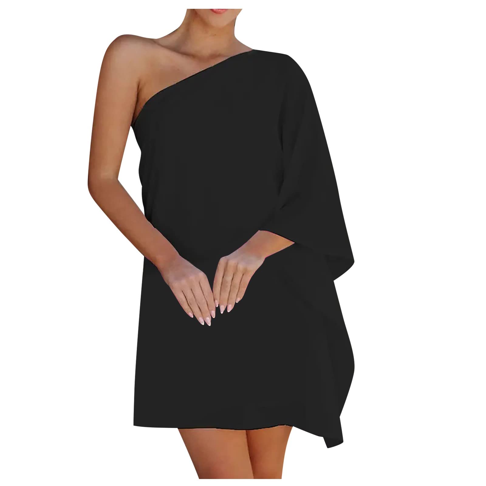 Women's Floral Print One Shoulder Mini Dress with Batwing Sleeves & Chain Strap - Sexy Summer Club Dress for Night Out, Beach Party & Date Night