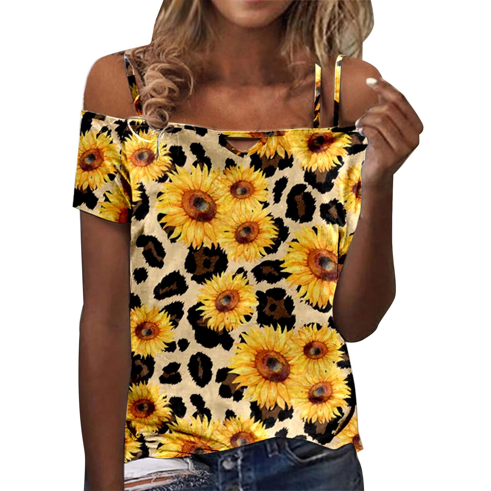 Women's Graphic T-Shirt - Casual Short Sleeve Sunflower Print Summer Top | Thin Strap Shoulder Tee in Khaki (XL) | Perfect for Beach Outings, Casual Wear & Summer Festivals