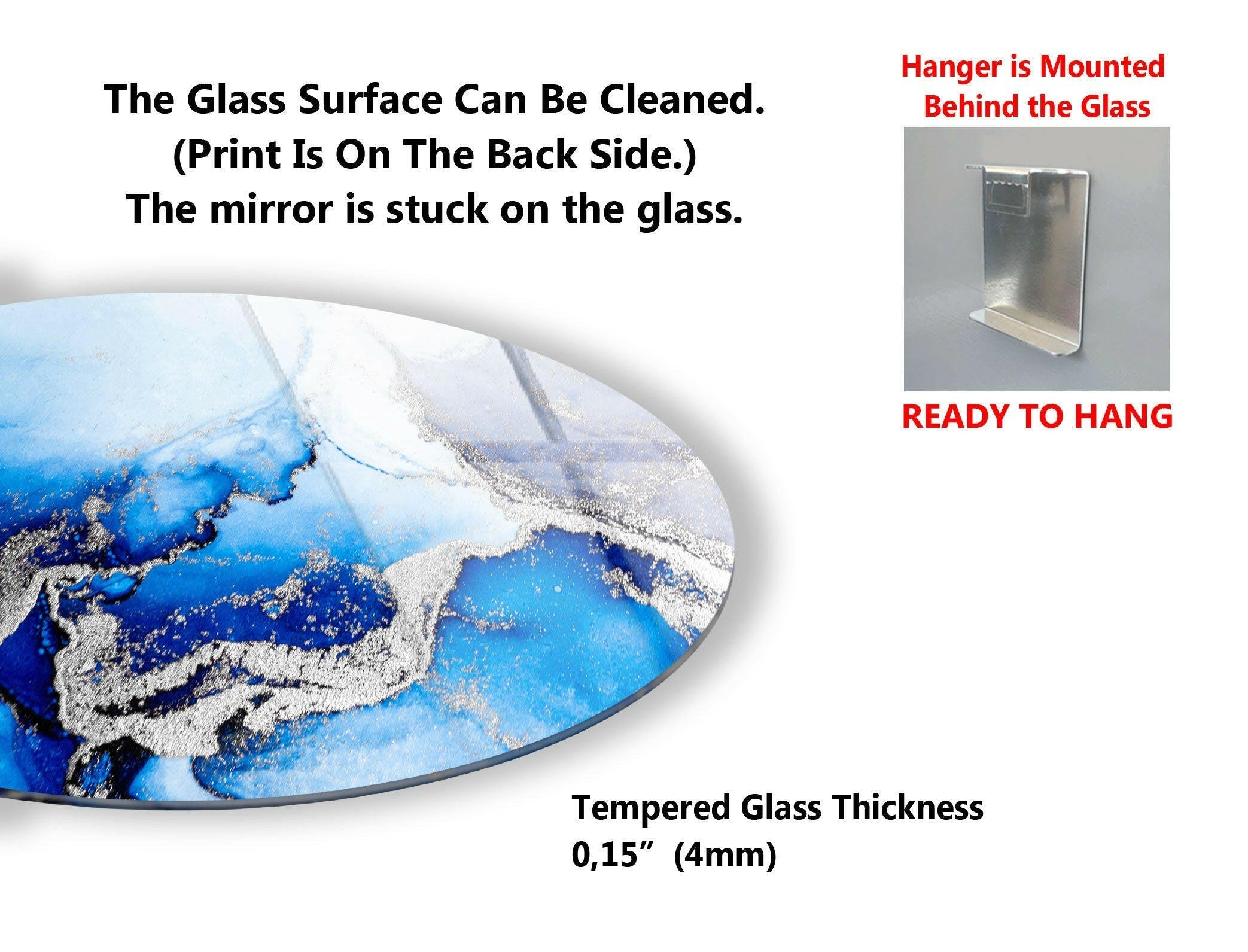 Blue Marble Round Glass Wall Art with Silver Accents - Elegant Home Decor for Living Room, Bedroom & Office