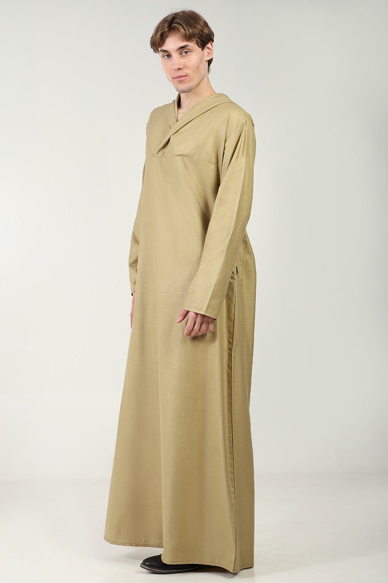 Men's Casual Polyester Poplin Thobe with Overlap Neck & Attached Hoodie - Lightweight Camel Color Islamic Robe for Prayer, Home Wear & Lounge Outfits
