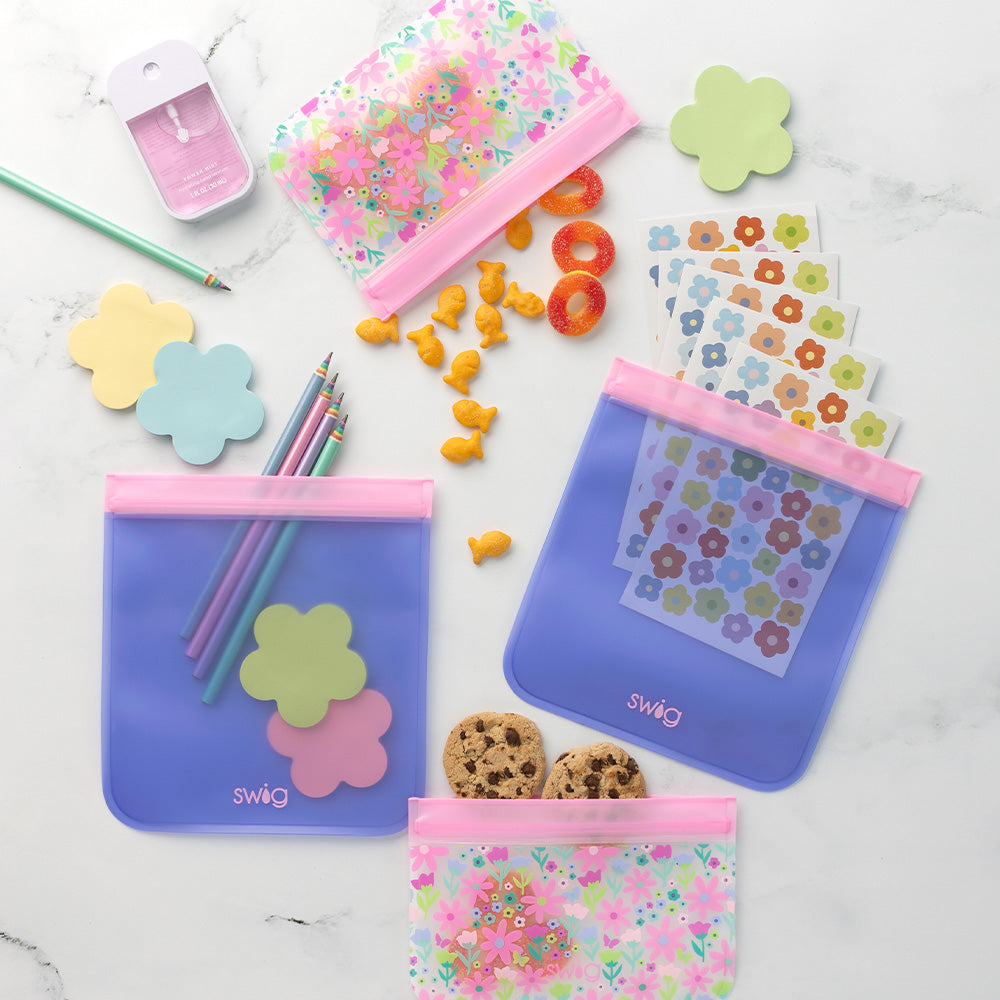 Eco-Friendly Reusable Storage Baggies Set of 4 - Perfect for Food, Snacks, Travel & Organizing - Flower Power Design