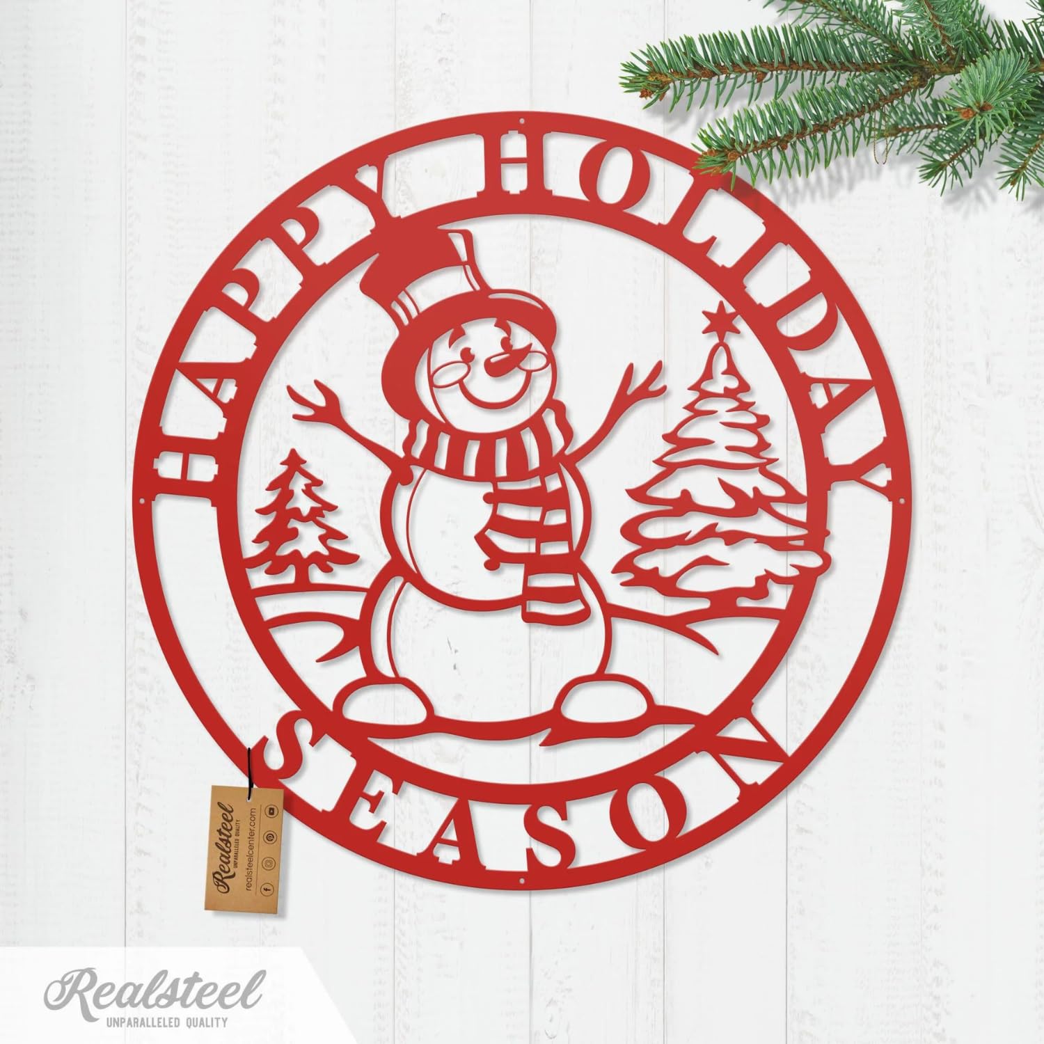 RealSteel Metal Wall Art - Happy Holiday Season Snowman Sign - Christmas Wall Decor, Snowman Artwork - Holiday Winter Decoration - 24