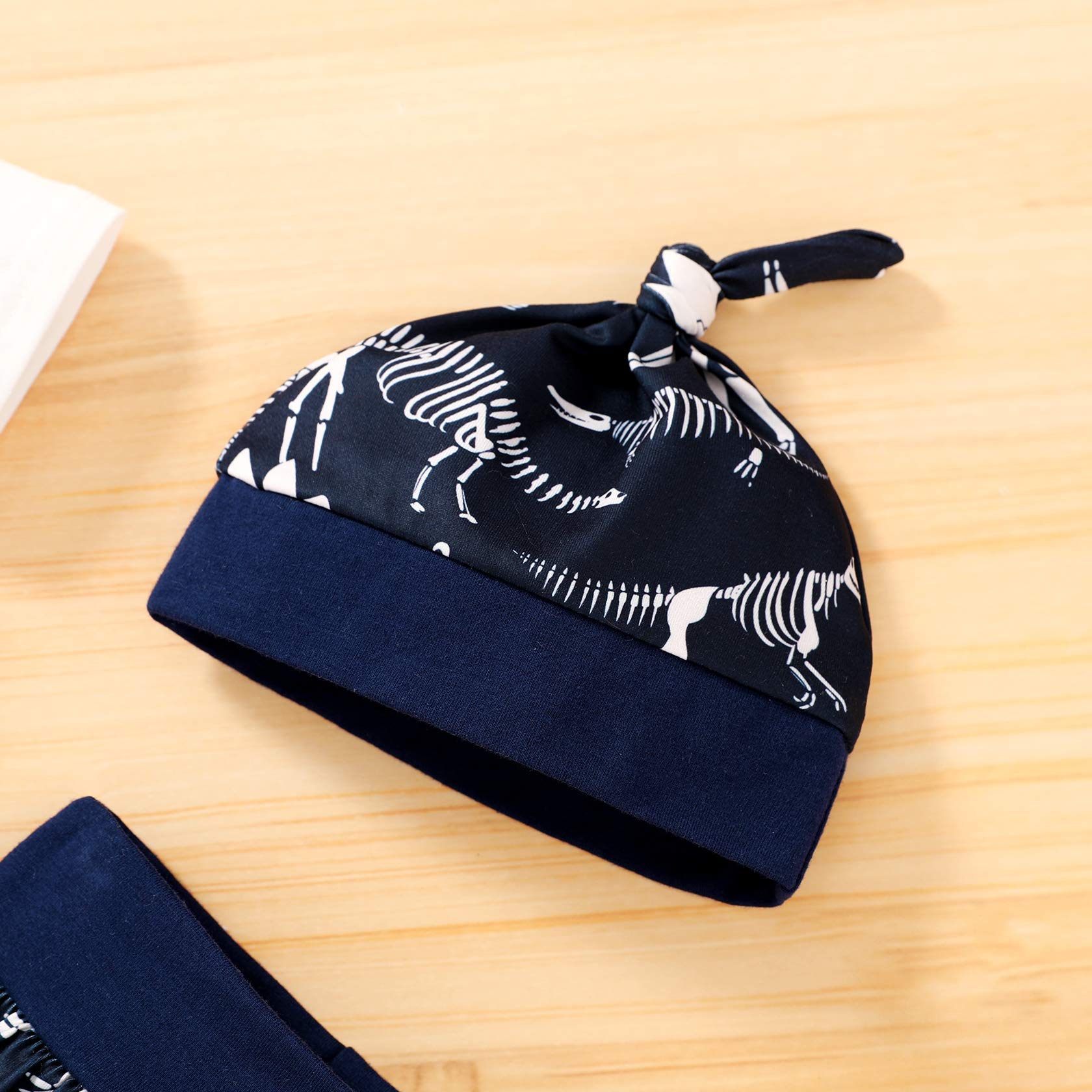 Happy Town 3-Piece Baby Boy Clothes Set - Soft Cotton Newborn Bodysuit, Short Sleeve Romper & Pants with Matching Hat (Blue Dinosaur Print, 0-3 Months) - Perfect for Summer Outings, Photo Shoots & Daily Wear
