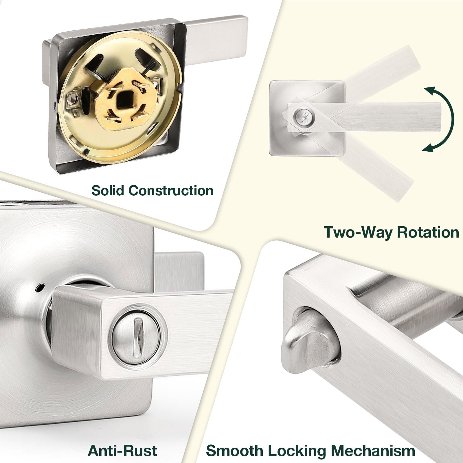 GOBEKOR 10 Pack Keyless Privacy Door Levers - Brushed Nickel Bedroom Door Handle with Lock, Square Interior Door Handles, Straight Lever for Home Security | Perfect for Bedrooms, Bathrooms & Private Spaces
