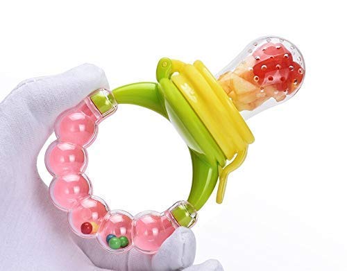 BPA-Free Silicone Baby Food Feeder with Rattle Handle - Safe Fruit & Veggie Nibbler for Infants & Toddlers - Teething Toy & Pacifier for Fresh Fruits - Perfect for On-the-Go Feeding & Sensory Play (Pack of 1)