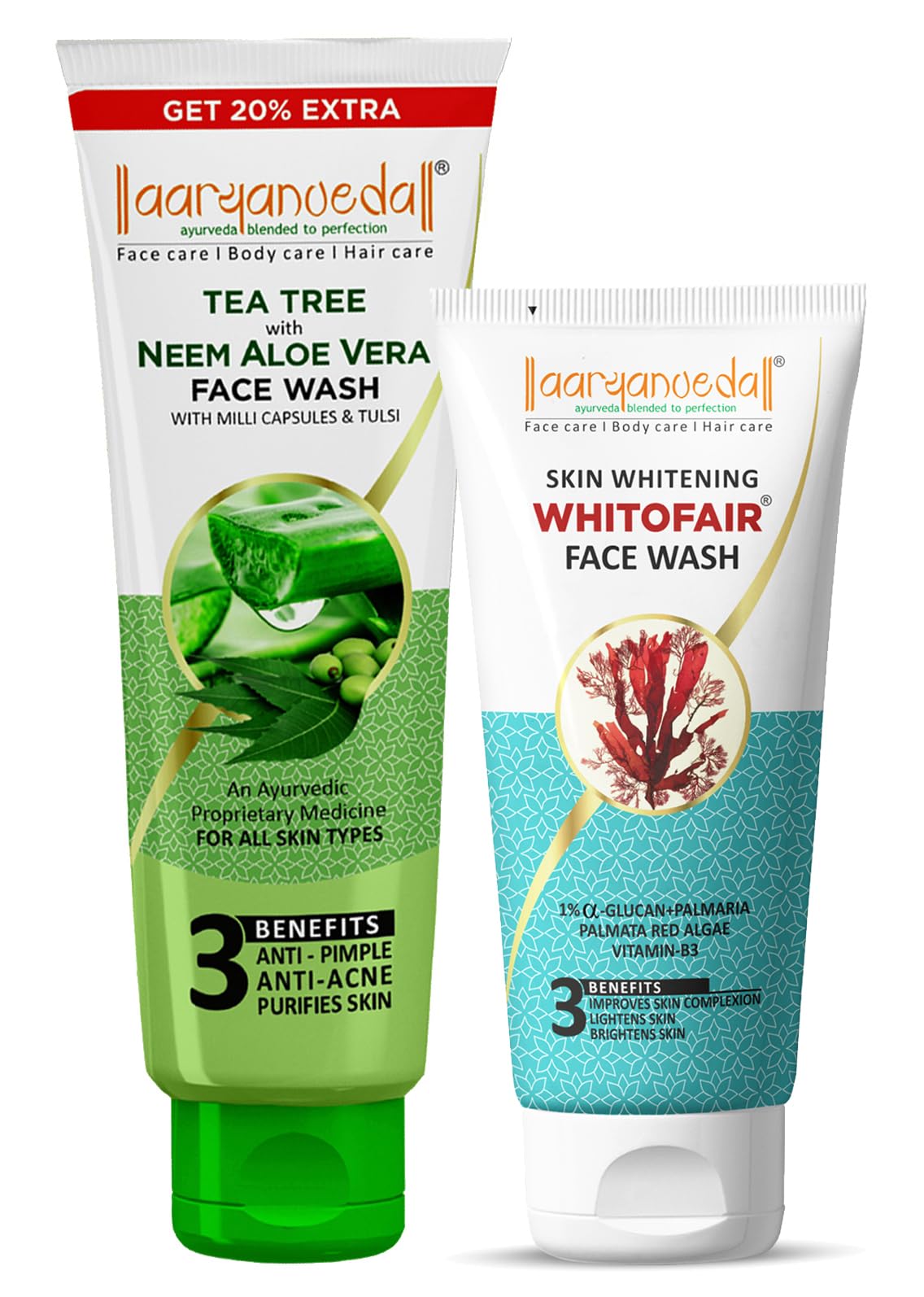 Aryanveda Tea Tree & Whitofair Face Wash Duo - 120 Gm Each, Pack of 2 with Neem & Aloe Vera Extracts for Acne-Prone Skin - Perfect for Daily Cleansing & Brightening Routine