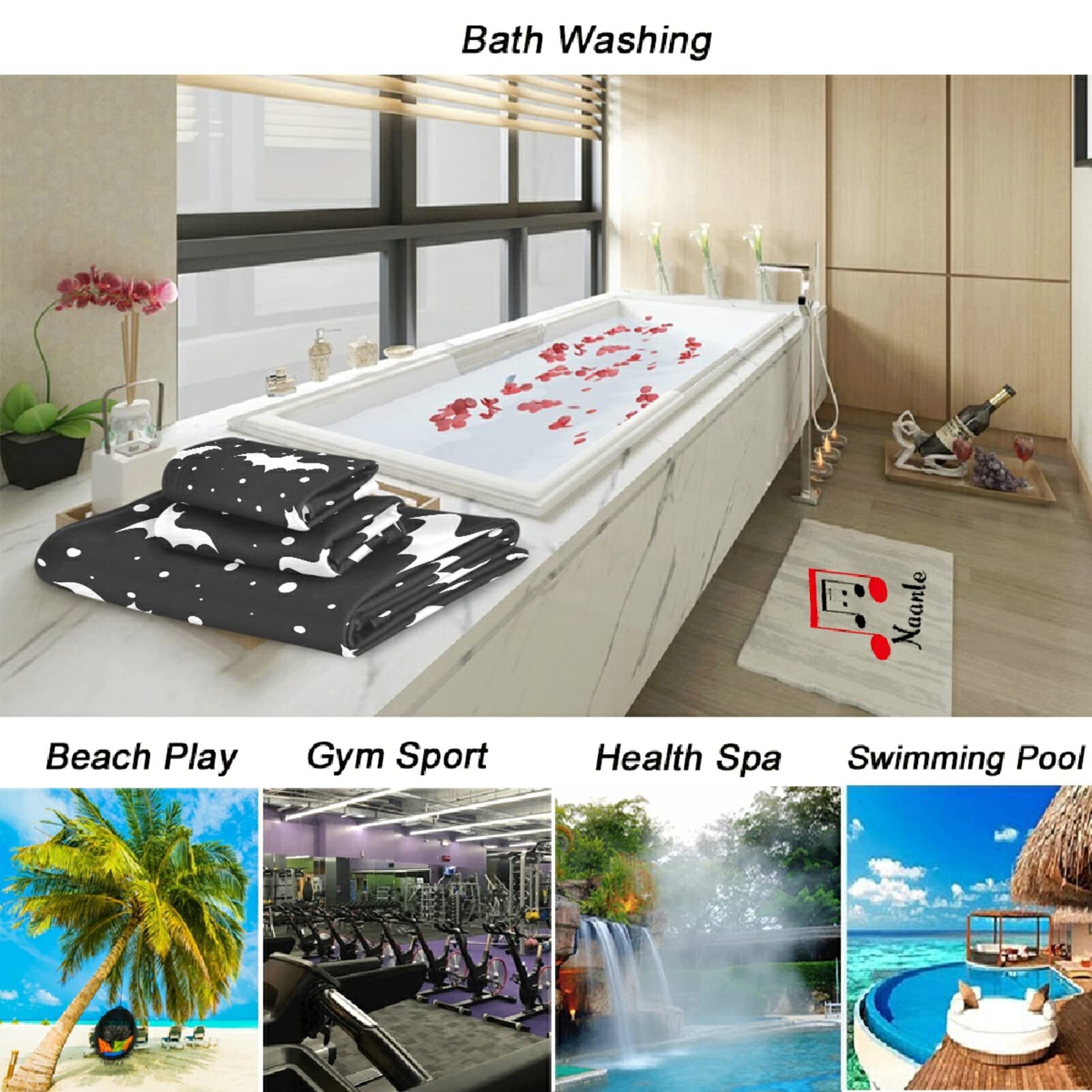 Soft Halloween Black & White Bats Bath Towel Set - 1 Bath Towel, 1 Hand Towel & 1 Washcloth | Perfect for Bathroom Decor, Spa, Beach & Holiday Gift | Cozy Cotton Towels for Home, Hotel & Kitchen Use