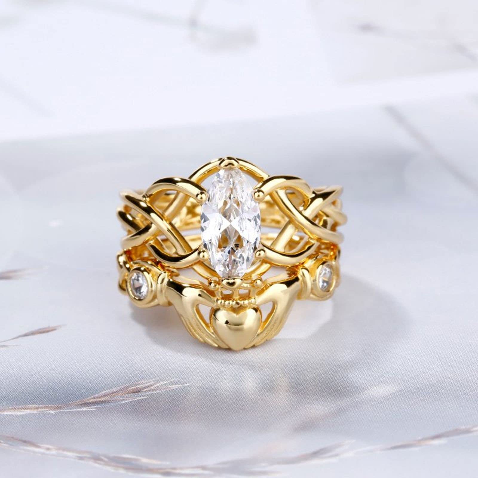 Jeulia Princess Cut Sterling Silver Ring Set with Zirconia - Intertwined Claddagh Engagement & Wedding Band for Women - CZ Solitaire Heart Promise Rings for Anniversary, Bridal, and Couple Gifts - Perfect for Proposals, Valentine's Day, and Romantic Occasions