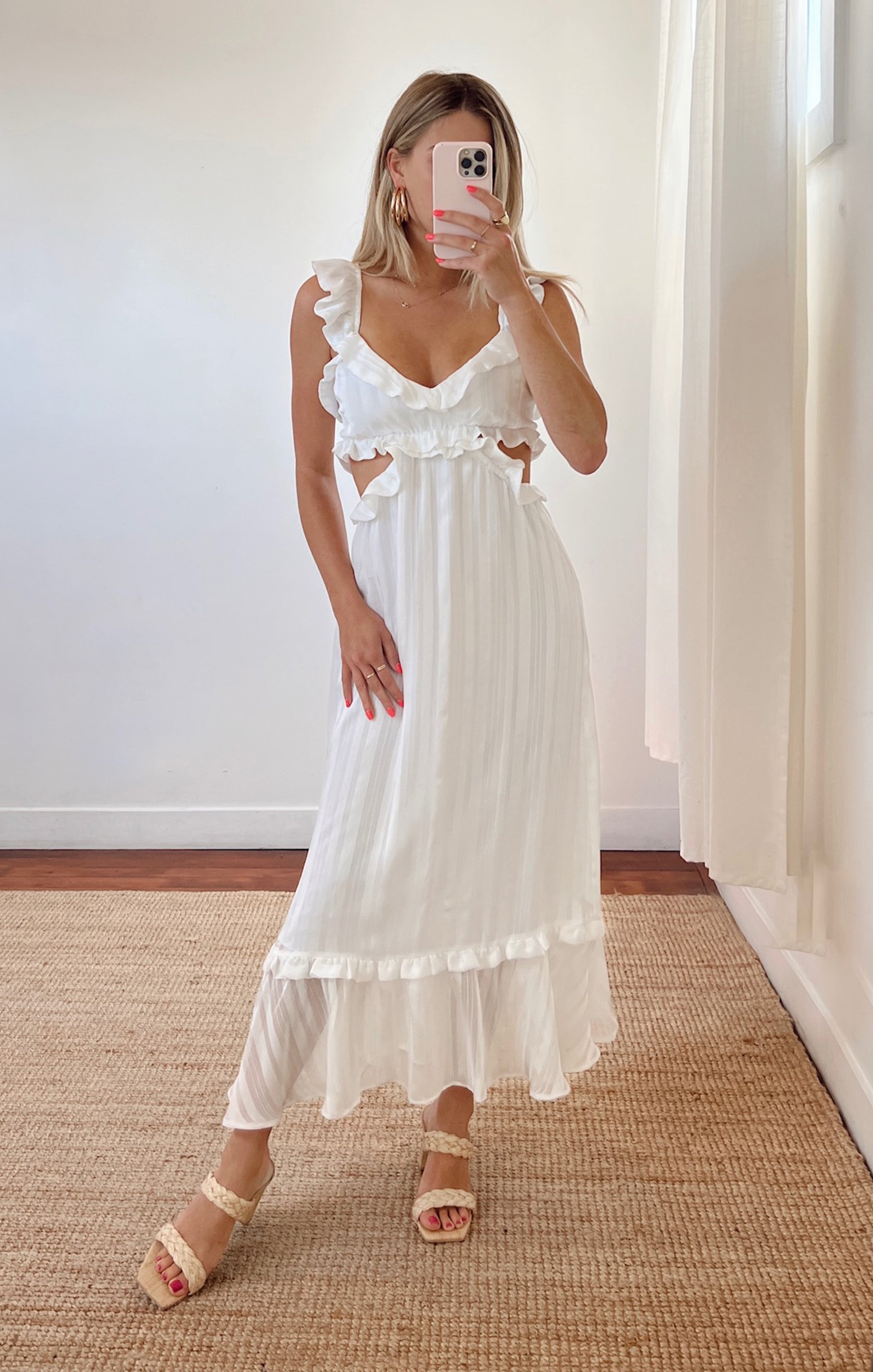 Lane Midi Dress - Flutter Sleeve Striped Chiffon White Summer Dress for Women | Beach Wedding, Party & Casual Wear