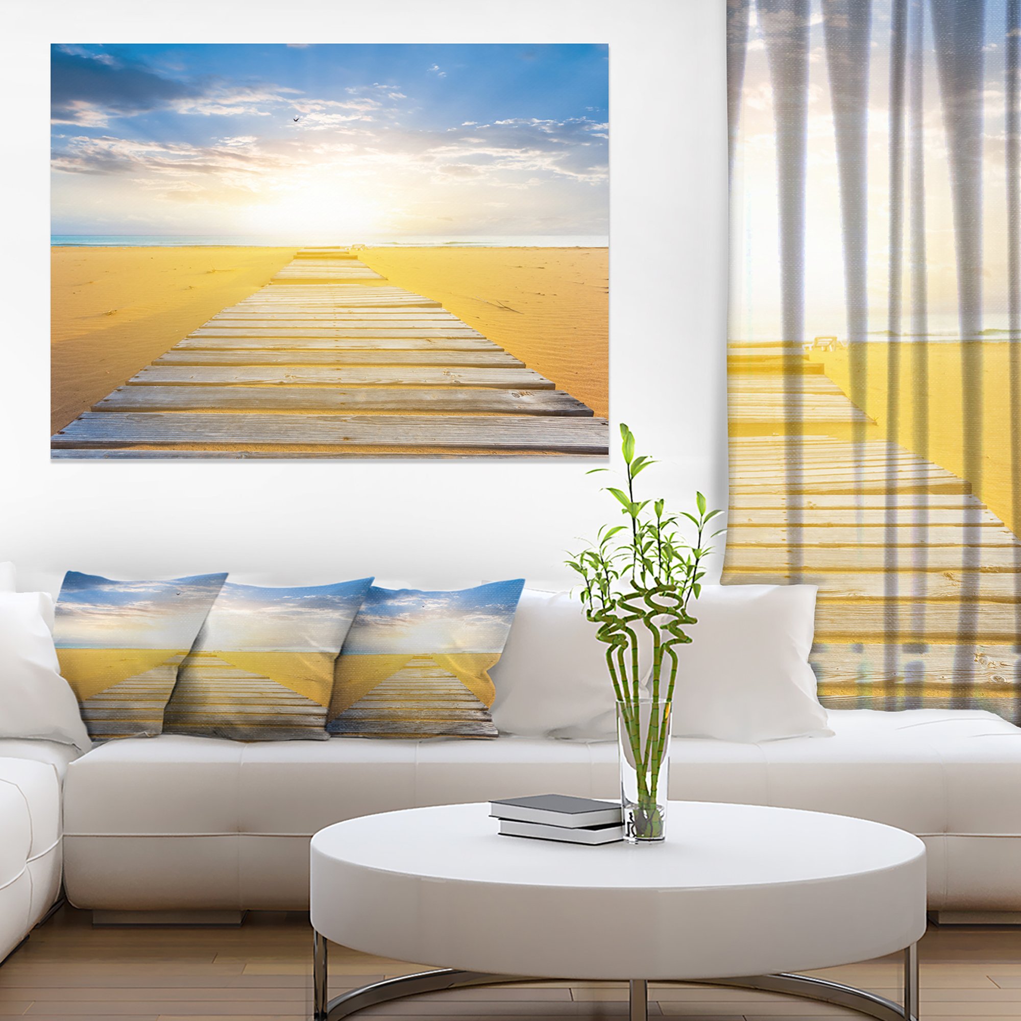 Blue Sea Beach Wooden Bridge Canvas Art Print - Coastal Wall Decor for Living Room, Bedroom & Office