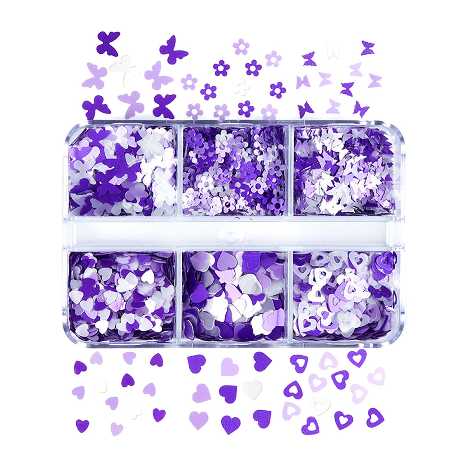 BBZUI Purple Glitter Nail Art Sequins - 3D Nail Glitter Flakes with Hearts, Flowers & Butterflies - Acrylic Nail Supplies for DIY Manicure, False Nails & Nail Art Design - Perfect for Parties, Weddings & Special Occasions