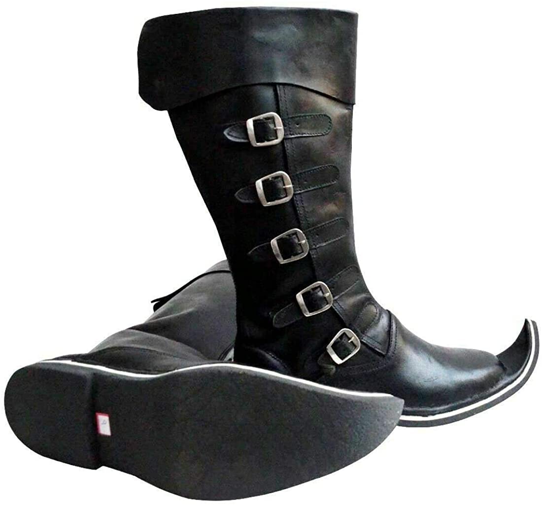 AnNafi 5 Buckle Medieval Leather Boots for Men - Renaissance Pirate Costume Boots, Halloween Cowboy Boots in Black (Large) - Perfect for LARP, Cosplay, and Historical Reenactments