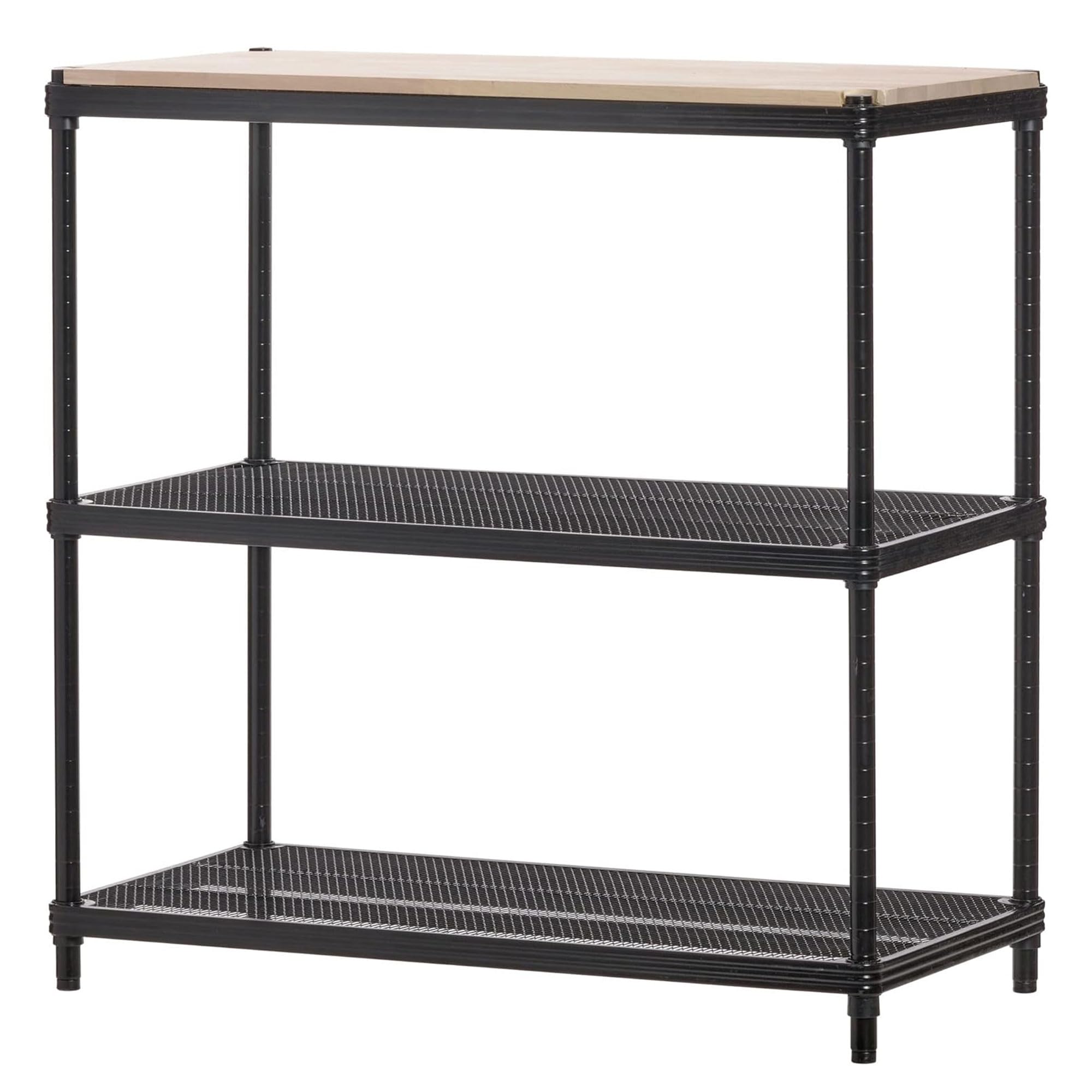 Metal Mesh Shelf Unit with Wood Top - Black Design Ideas MeshWorks Shelving Rack for Workbench & Home Organization | Garage Storage, Workshop Display, Kitchen Pantry Organizer