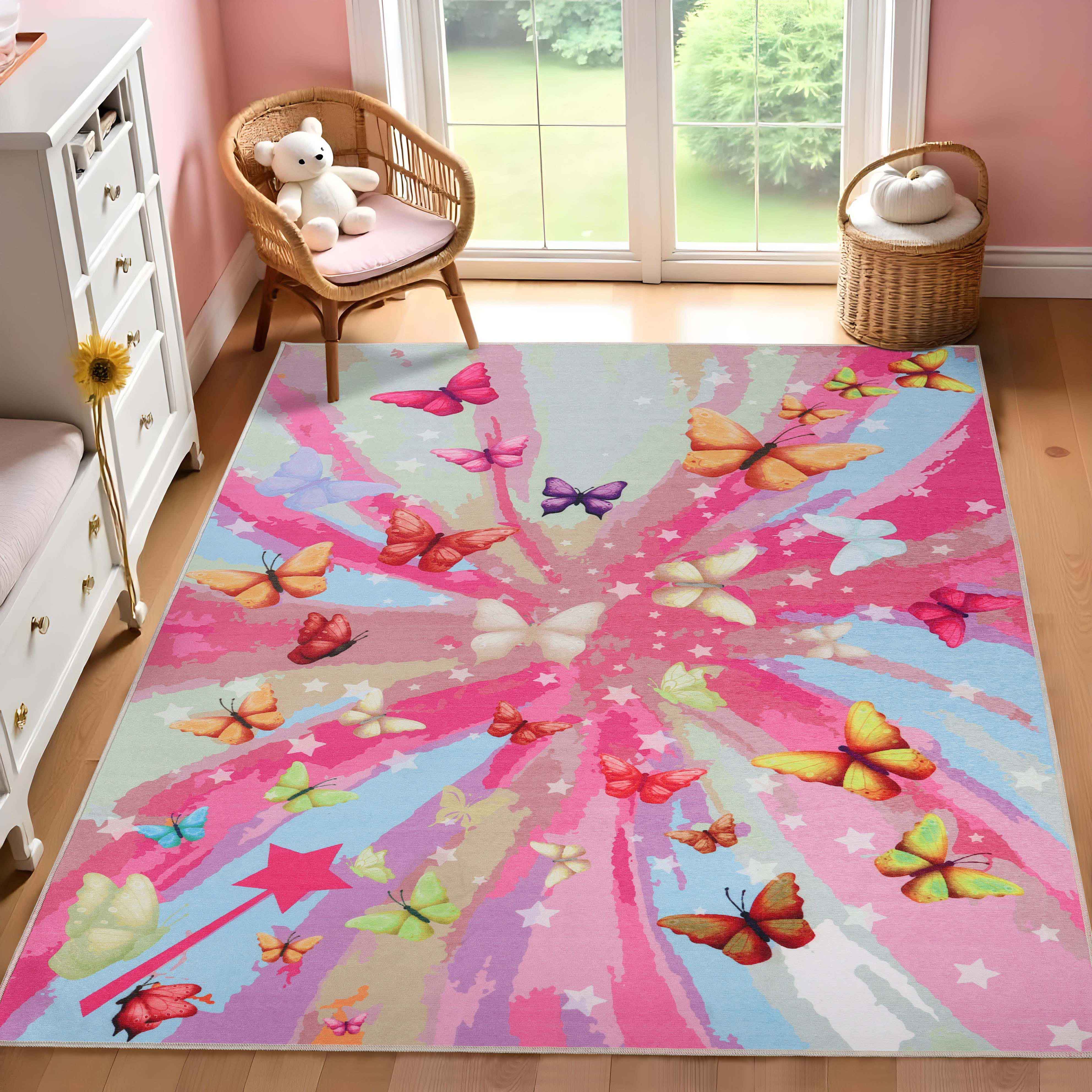 Non-Slip Butterfly Kids Playroom Rug - Washable Nursery Carpet for Toddlers & Children - Soft Indoor Floor Mat for Play Areas, Bedrooms & Daycare